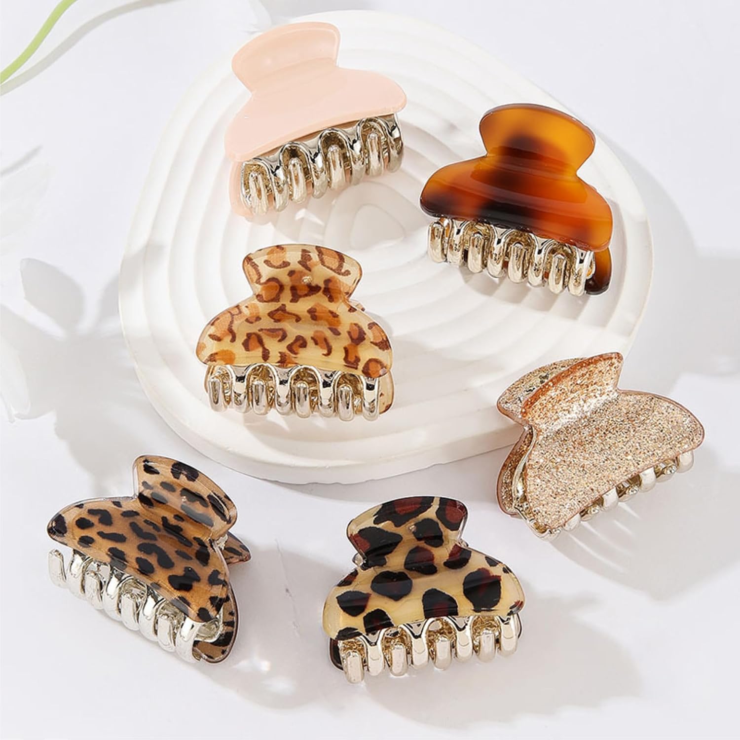 6 Pack Mini Small Claw Hair Clips, 1.58 Inch Cute Acrylic Leopard Print Jaw Clips Non Slip Tiny Hair Claw Clips for Women Girls, Neutral Small Hair Accessories for Thin Thick Hair Daily Styling