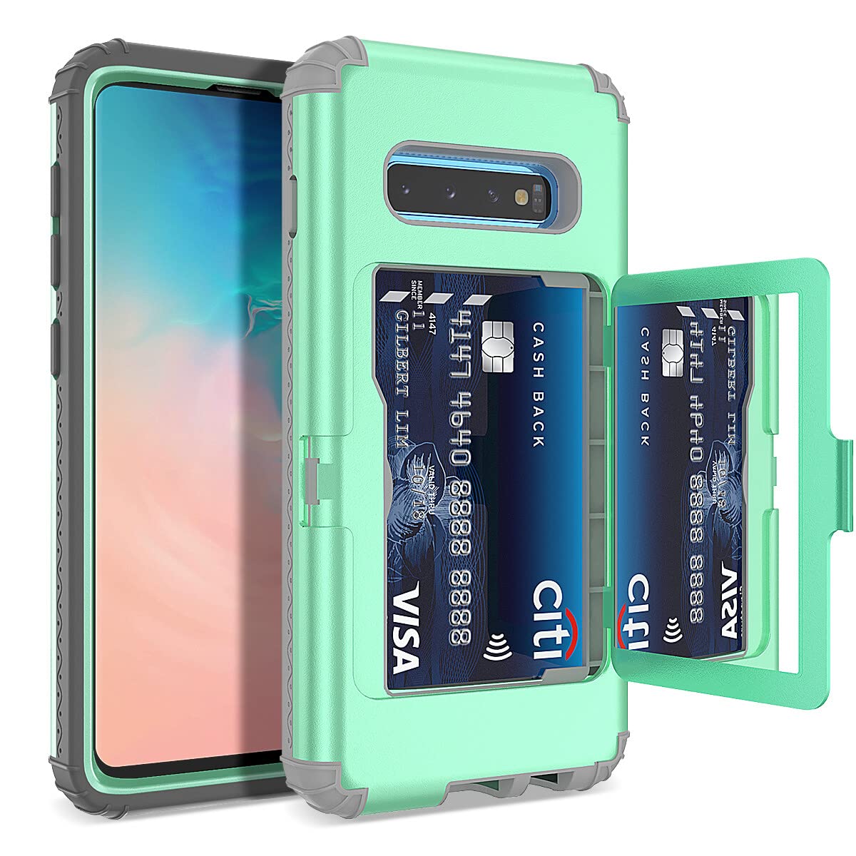WeLoveCase Galaxy S10 Wallet Case - Hidden Mirror, Credit Card Holder, Shockproof Heavy Duty Protection, Mint Green