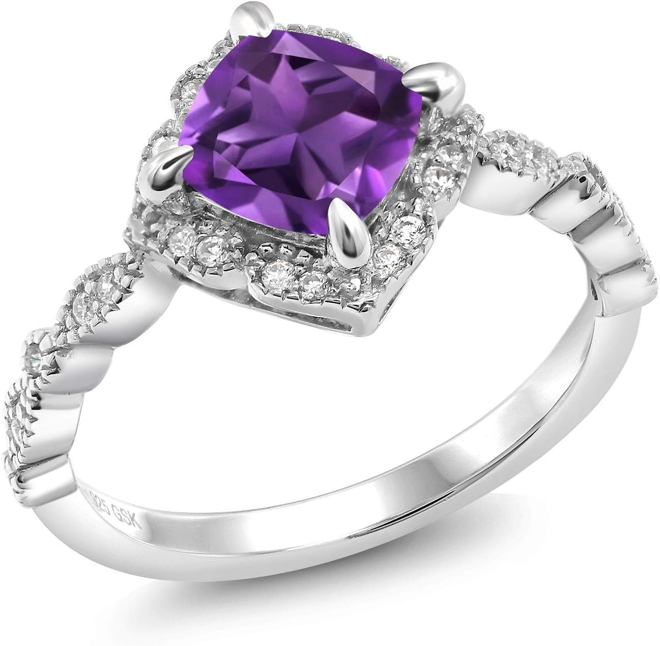 Gem Stone King 7MM Cushion Cut Gemstone Birthstone and White Moissanite Solitaire Engagement Ring For Women | 925 Sterling Silver | Available in Size 5, 6, 7, 8, 9