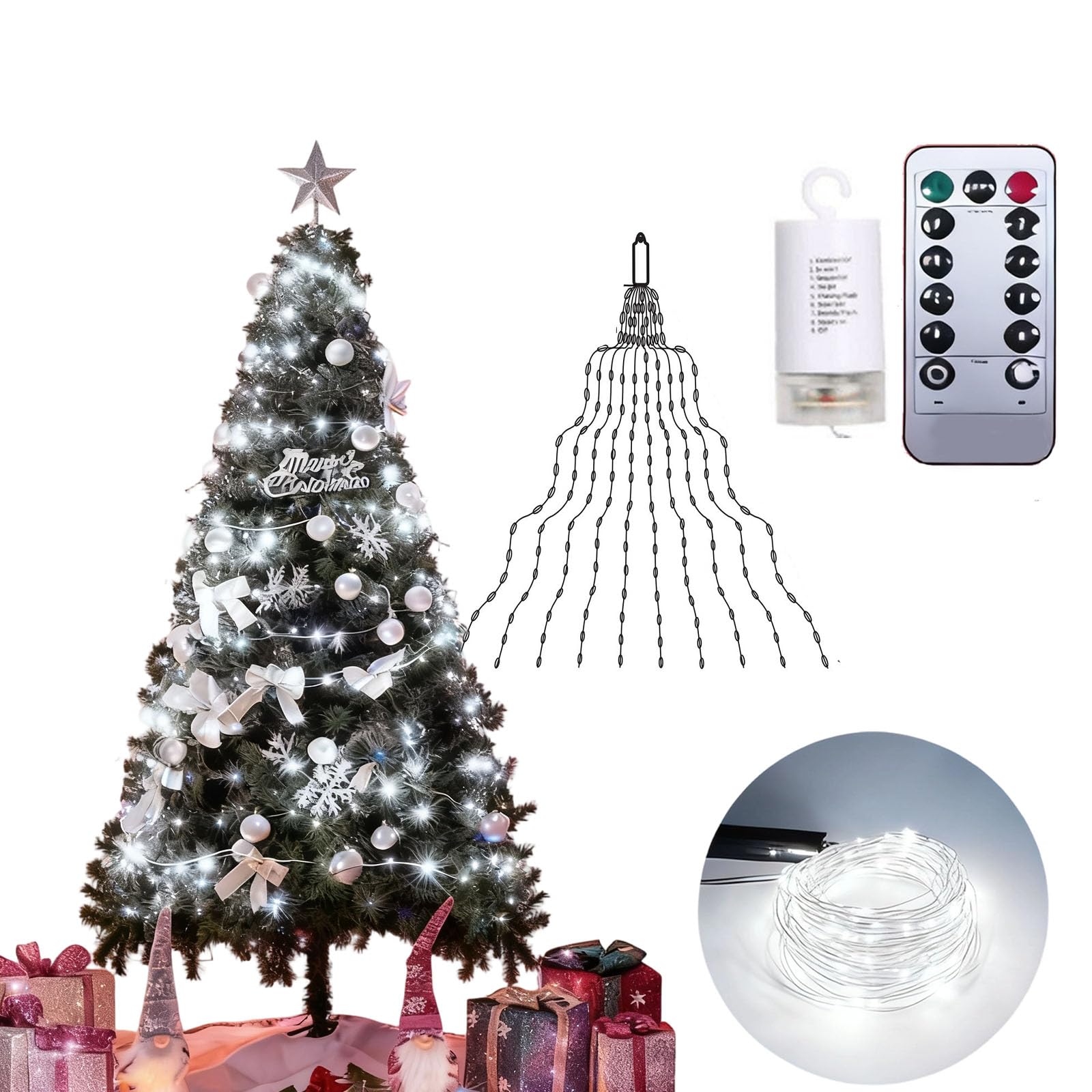 Vgpbphj Waterfall Christmas Tree Lights, 8 Modes 100-600 Christmas LED Firefly Twinkle String Lights, 3.3/6.6/9.8Ft Cascading Twinkle Lights USB/Battery Powered (White-Battery,9.84ft 600 Lights)