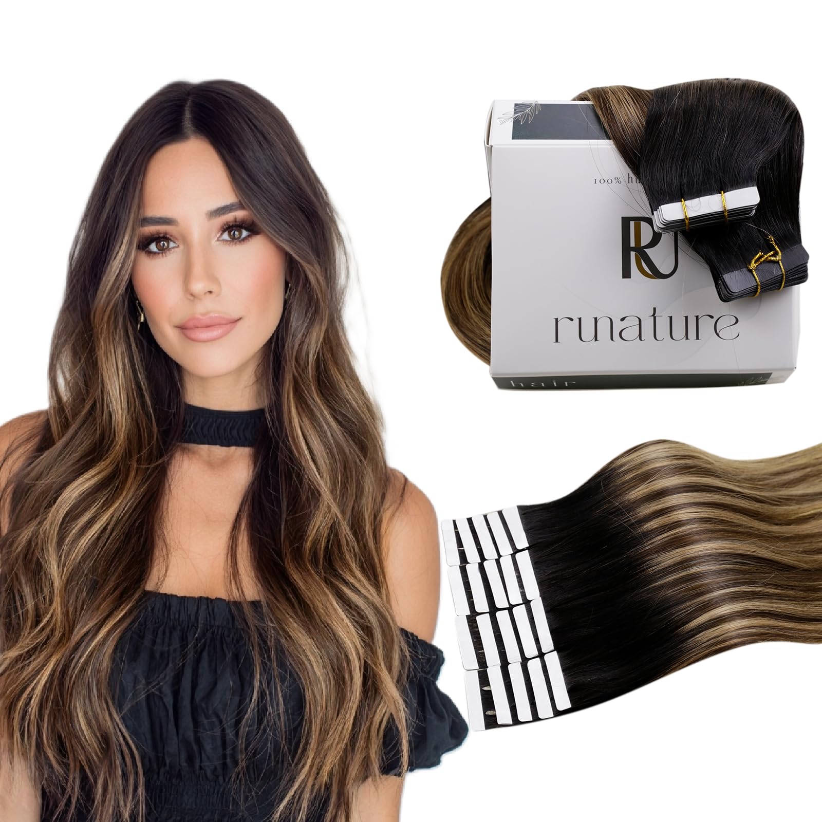 RUNATURE Hair Tape in Extensions 18 Inch Ombre Black Tape in Hair Extensions Human Hair Soft Long Lasting Remy Hair 50g 20pcs #1B/4/27 Black to