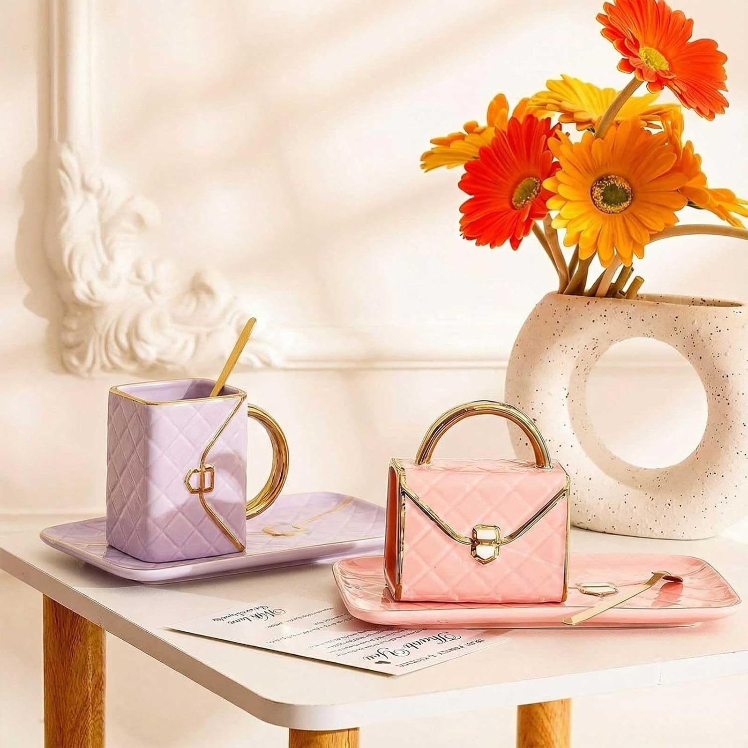 Zubebe 2 Set Coffee Mug Elegant Handbag Shaped Cup Mother's Day Modern Ceramic Purse Mug with Spoon and Saucer, 10oz Cute Creative Tea Cup for Woman Girls Gift (Pink,Purple)