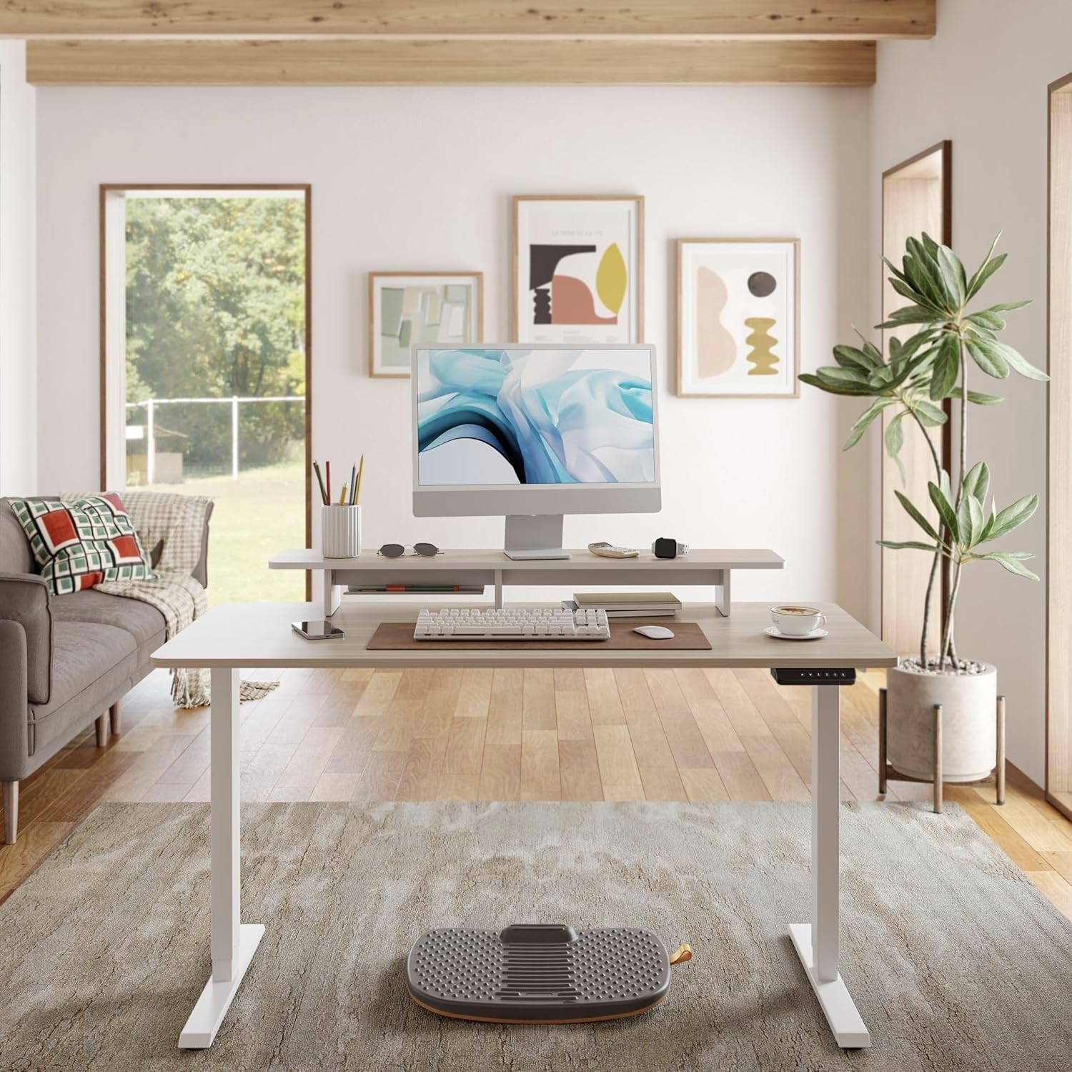 FEZIBO One-Piece Standing Desk Adjustable Height Stand up Home Office Desk, 60x24 Inch Electric Standing Computer Desk, with 4 Memory Presets, Headphone Hook, Light Walnut