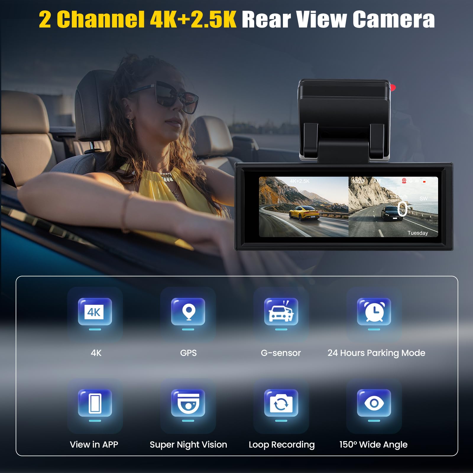 4K + 2,5K Cámara para Coches, Delantera y Trasera, Pantalla IPS de 3,16 Pulgadas, WiFi y GPS de 5 GHz Integrados, ADAS, Sensor G, Visión Nocturna Superior, Grabación en Bucle