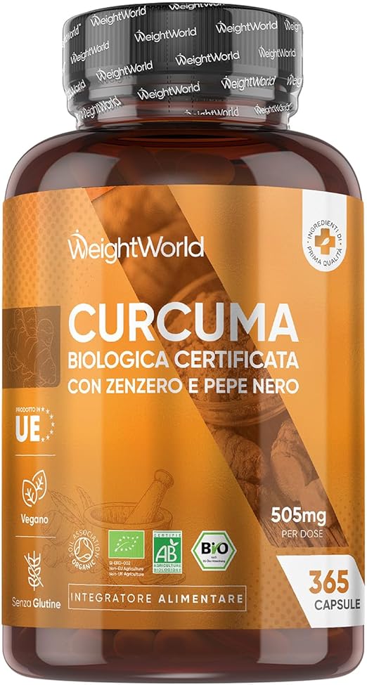 Curcuma Capsule Vegane, 365 Capsule (1 Anno di Fornitura), 1 al Giorno, Integratore Curcuma Bio con Pepe Nero Bio e Zenzero Biologico, 505mg per Dose, Privo di Glutine e Lattosio, Prodotto in Europa