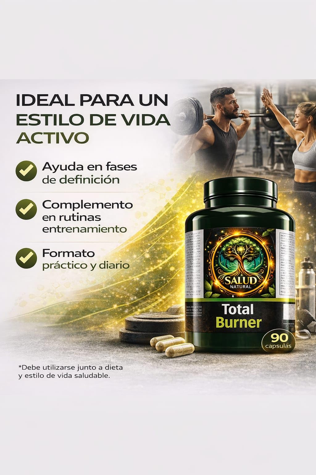 Quemador de Grasa Natural Total Burner Salud Natural, 90 Cápsulas | Control del Apetito y Metabolismo, Energía sin Estimulantes Fuertes, Apoyo Definición y Pérdida de Peso