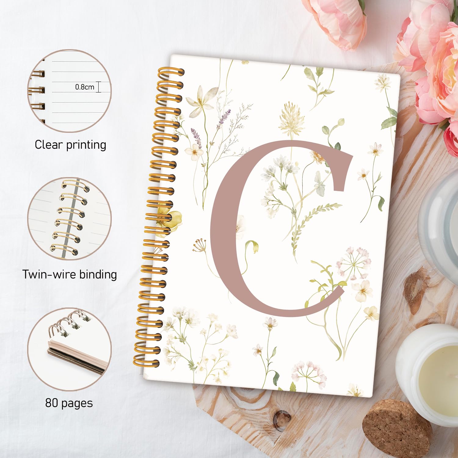 Diario con lettera C iniziale, regalo con monogramma per donne, diario per ragazze adolescenti, carino diario floreale personalizzato per donne, quaderno a spirale con copertina rigida, 5,5 x