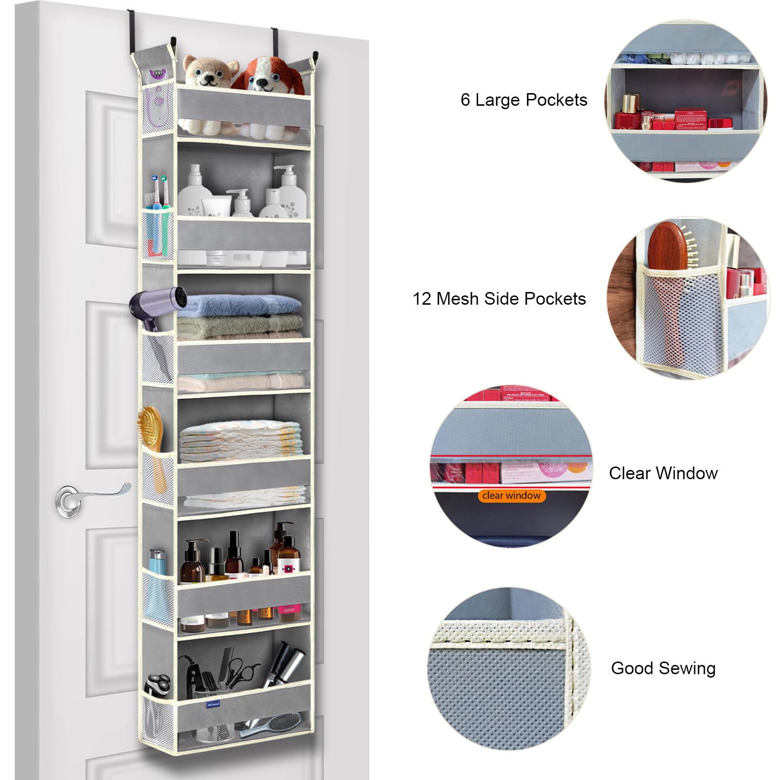 Organizador sobre la puerta con 6 estantes y 12 bolsillos laterales, almacenamiento sobre la puerta para baño, dormitorio, guardería, organizadores de puerta colgantes para pañales de bebé y