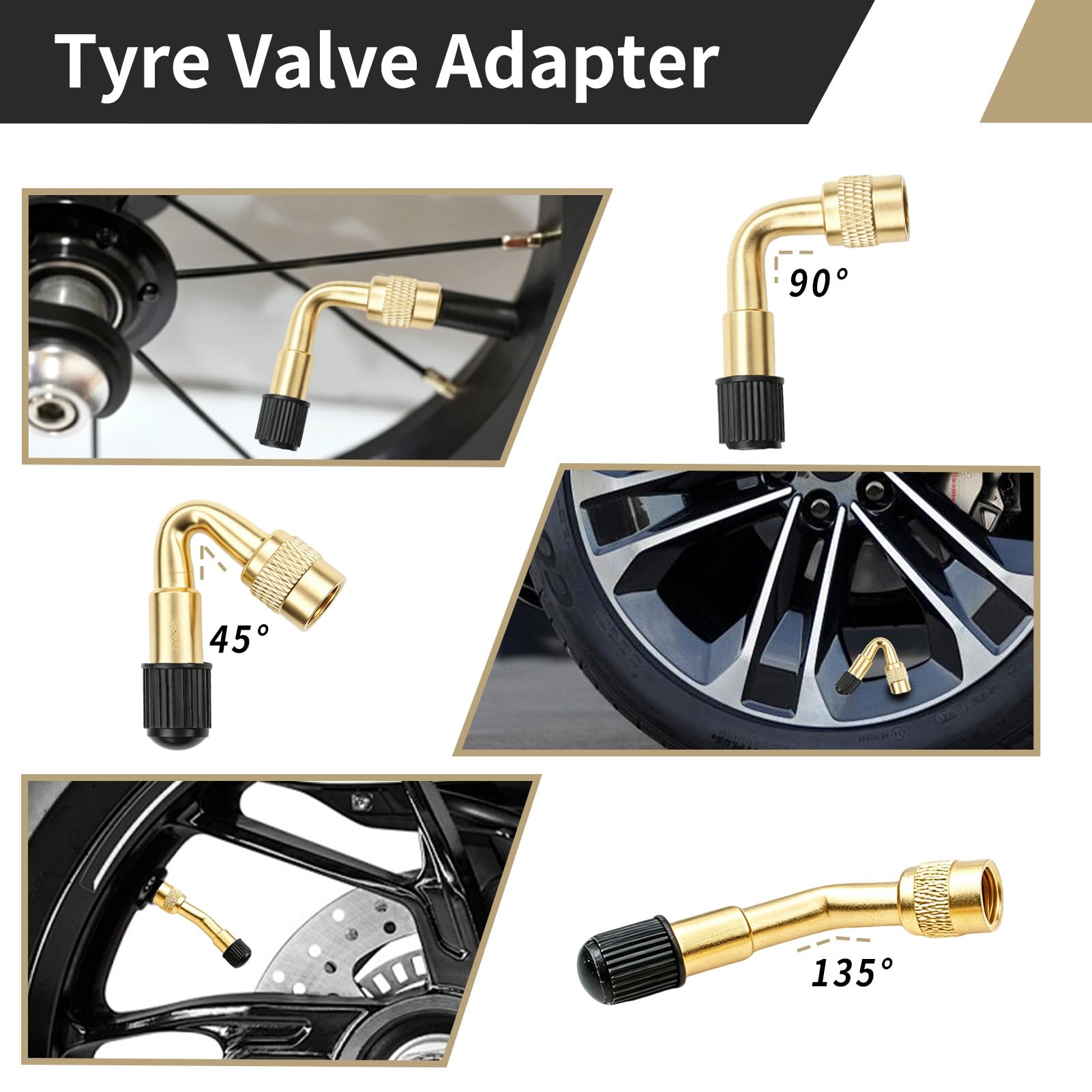 8 Pièces Rallonge Valve Pneu Voiture Universelle, Adaptateur Valve Velo Coudée 45° 90° 135° et Tubes Flexibles, Embout Gonflage Pneu Voiture pour Moto Camion Remorque