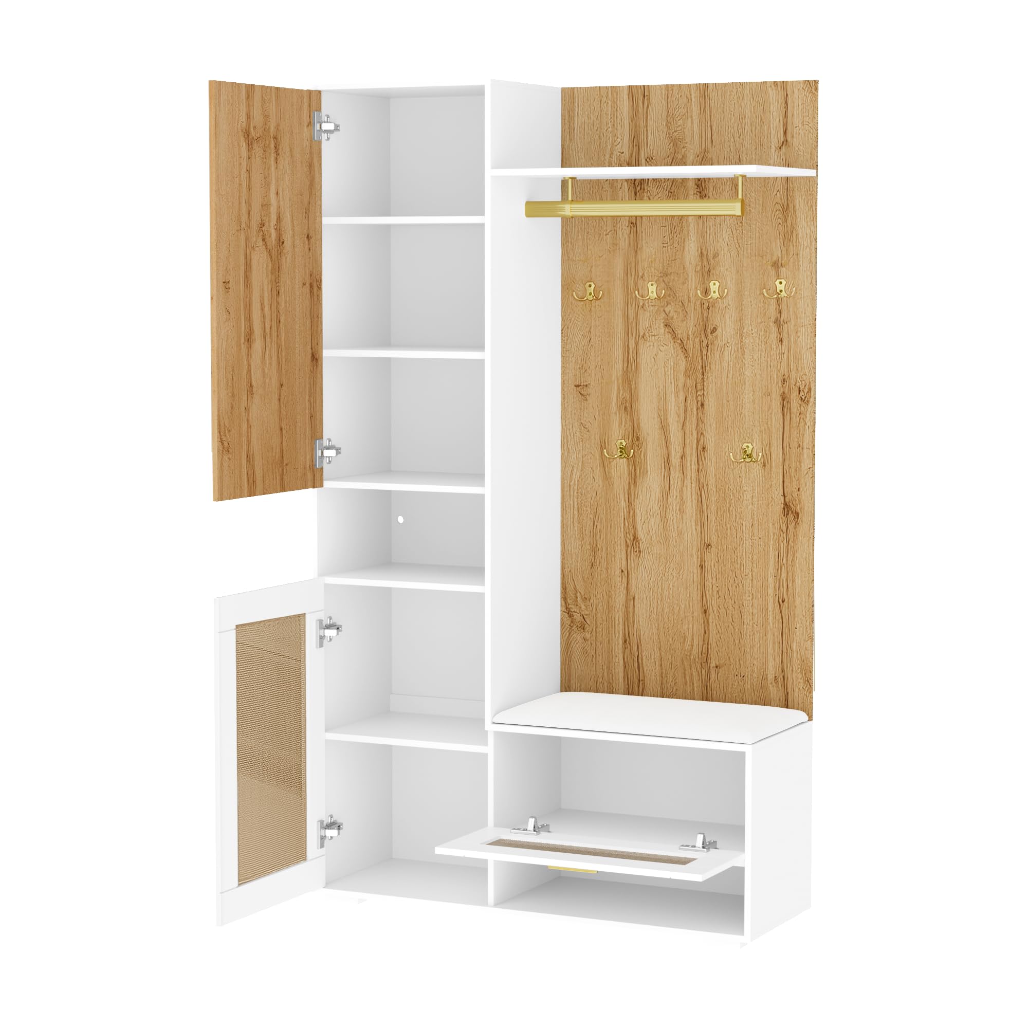 Garderobe Set Hoch 190 cm mit Spiegel und LED Licht, Garderobenset Garderobenschrank mit Wandgarderobe und Schuhbank, Flurgarderoben Set mit Regale, Flur möbel, Weiß+Holzfarbe