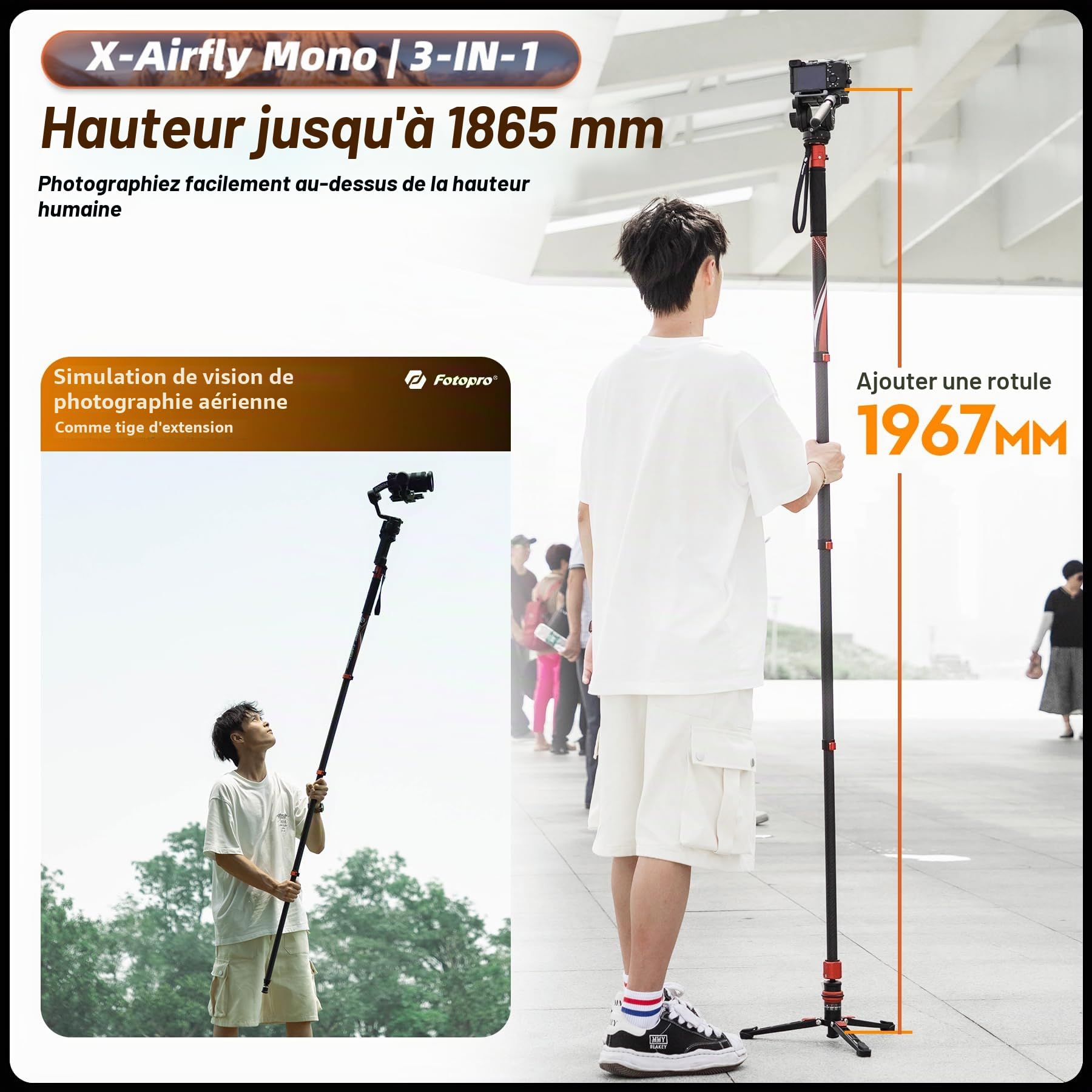 Fotopro X-Airfly Monopode 3-en-1 carboné avec pédale, 185,4 cm, charge 10 kg