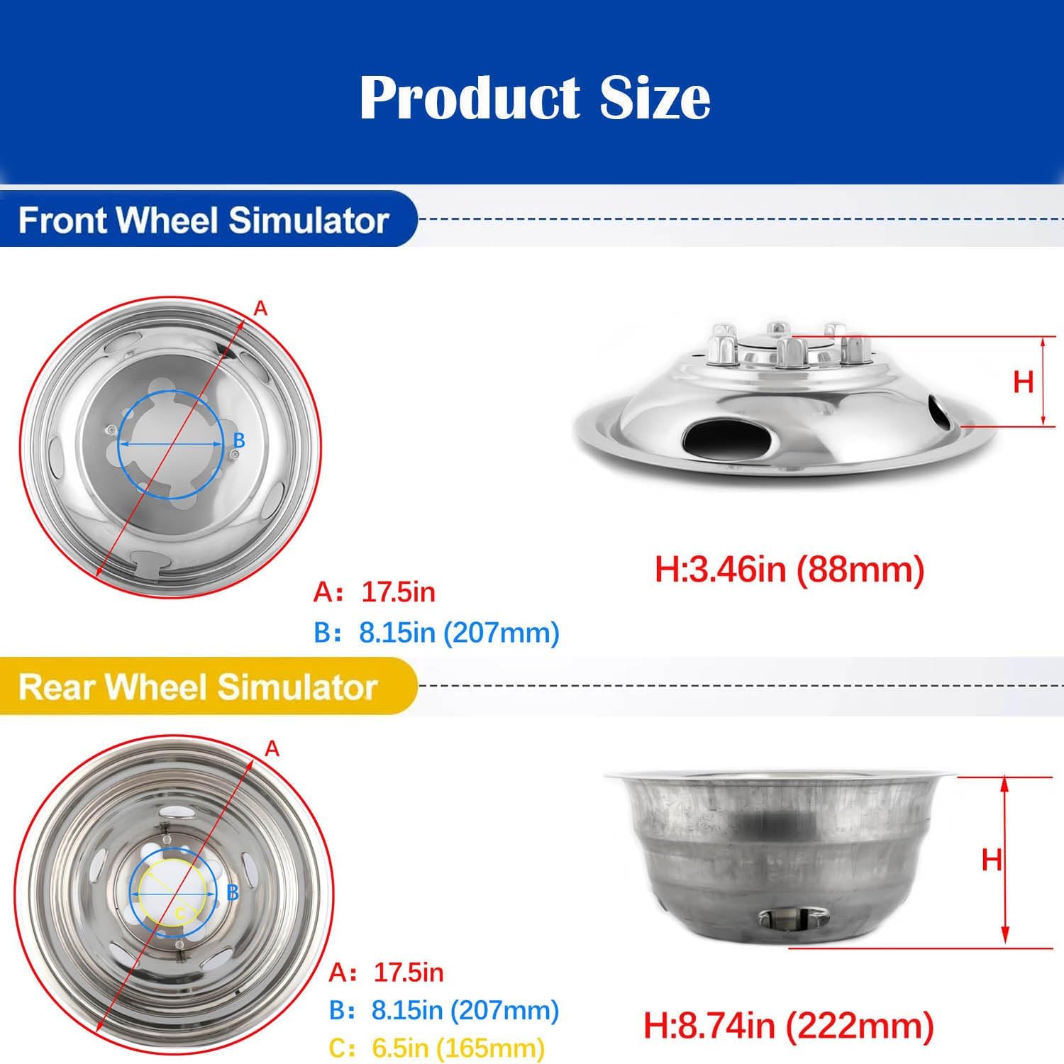 4pcs 17inch Protective Polished Stainless Steel Dually Wheel Simulators Fit for 2003-2018 Dodge Ram 3500, 8 Lug Bolt On Wheel Cover with Removable Centre Cap Hubcaps