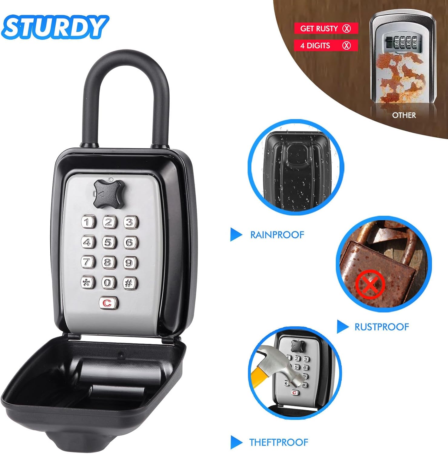 Key Lock Box, Large Capacity Key Storage Box with Hanging Ring, 12-Digit Keyboard Combination, Resettable Code, Waterproof Security Lock Box for Home, Office, Outdoor