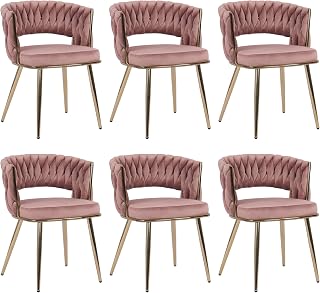 KCC Modern Velvet Dining Chairs Set of 6, Upholstered Living Room Chair with Woven Back and Golden Metal Legs, Mid-Century Accent Side Chair for Dining Room, Kitchen, Rose