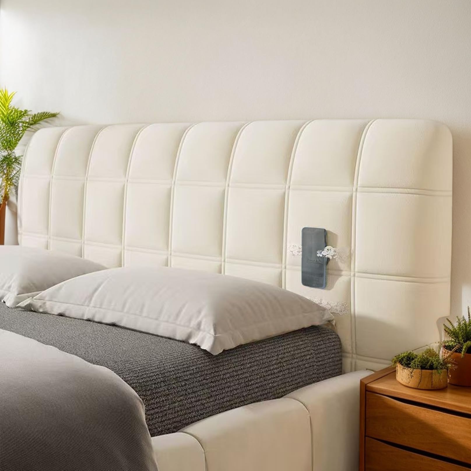 DOSYCOVUR Soft Velvet Headboard Protector Dustproof Washable Full Cover for King Size Double Single Beds Cushioned Padded Headboard Cover for Wooden Tall Headboard Beds,White,190cm
