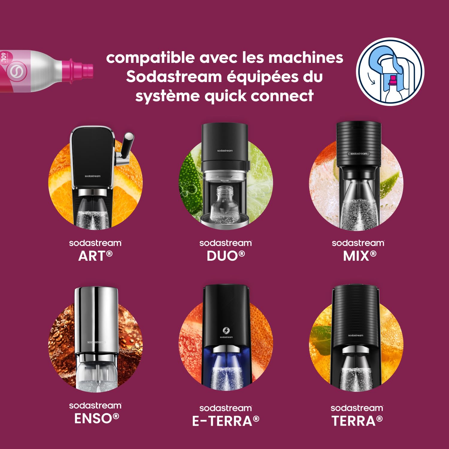 Sodastream Lot de 2 cylindres de gaz CO₂ à clipser Quick Connect – Jusqu’à 120L de boissons pétillantes, compatible avec les machines Terra, Art, Duo, Ensō et E-Terra, rose