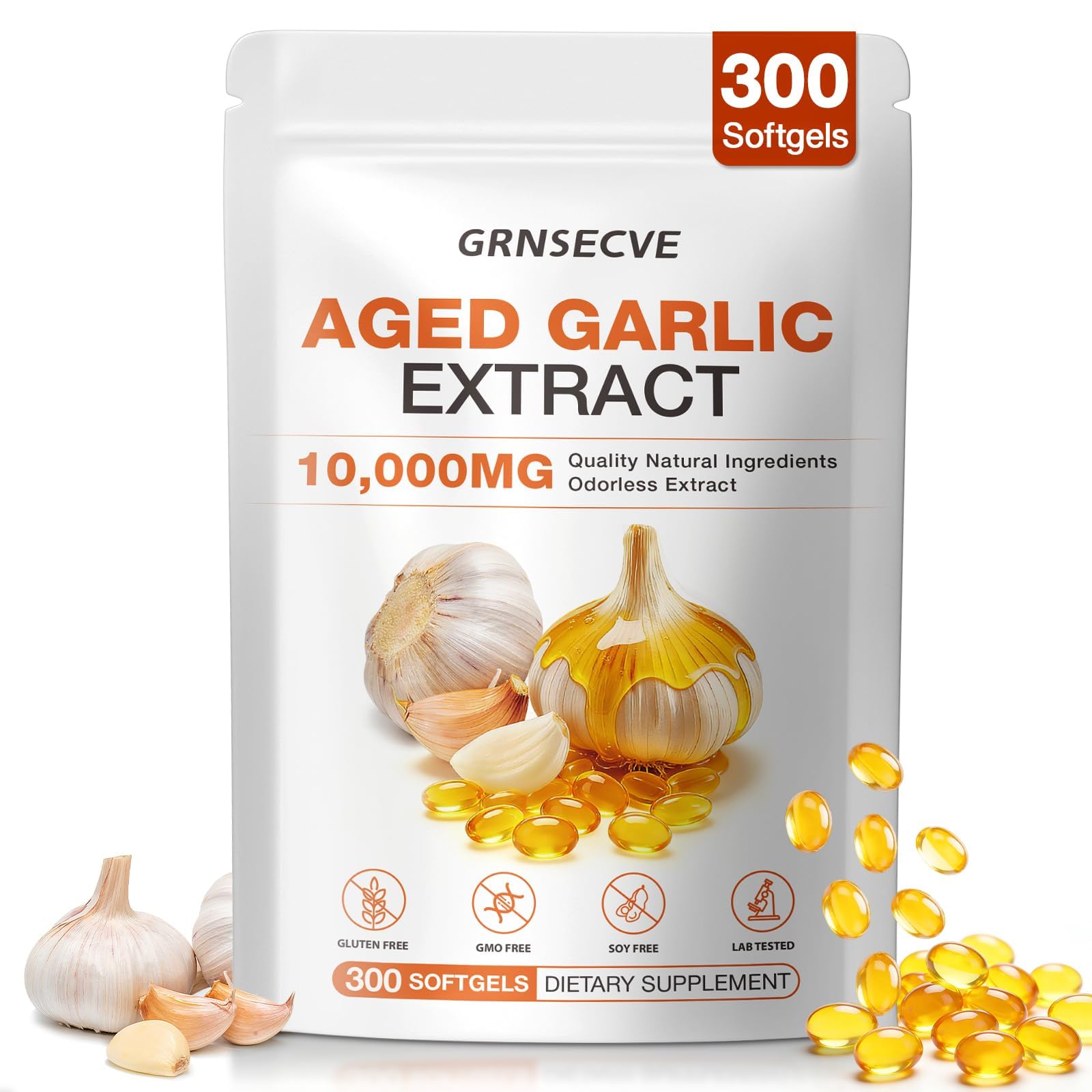 Aged Garlic Extract - 10,000mg Odorless Garlic Supplements for Immune Support, Cardiovascular Wellness & Antioxidant - 2-Year Aged Garlic Capsules Natural, Non-GMO, Gluten-Free, 300 Softgels