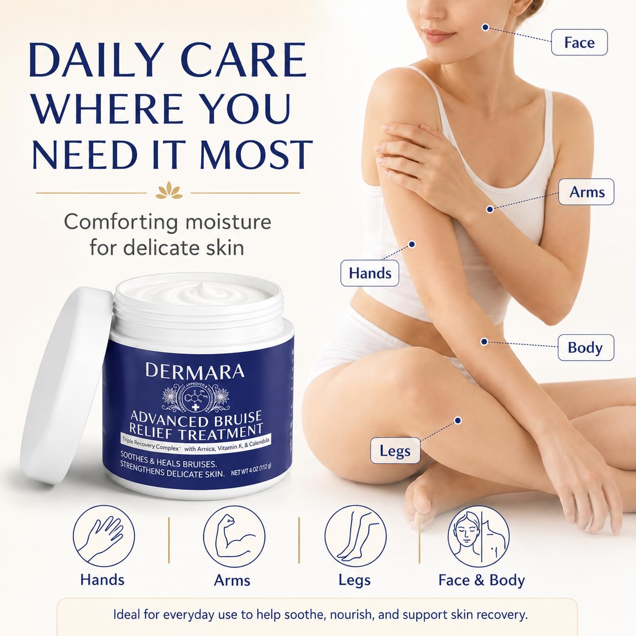 Bruise Cream - Bruise Repair & Skin Moisturizing Arnica Bruise Cream for Thin Skin Seniors, Vitamin K C and E Cream, Skin Renewal, 4 Oz