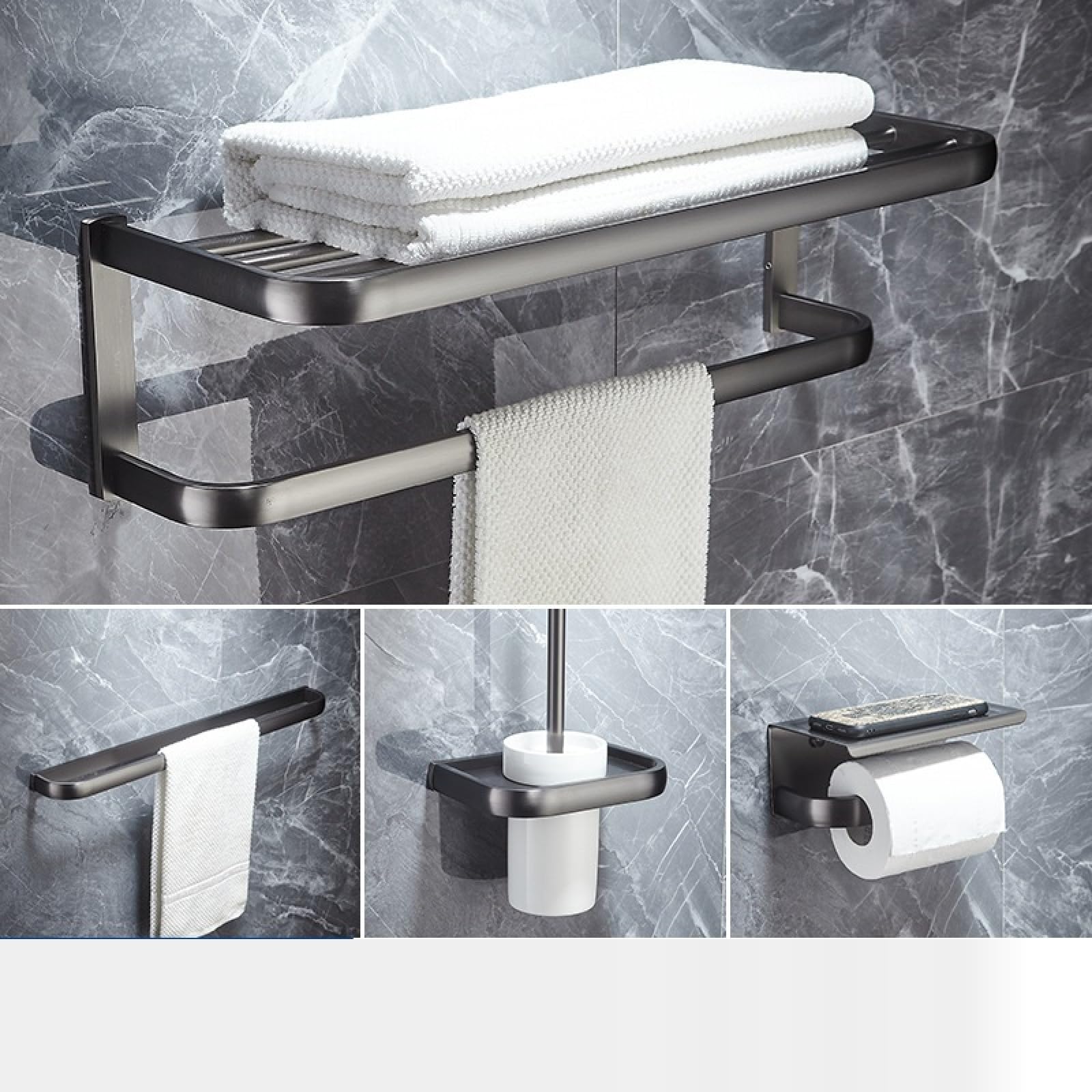 FGXHHS Full Copper Gun Grey Bathroom Towel Rack Bath Toilet Shelf Hardware Pendant Set, Four Piece Set A