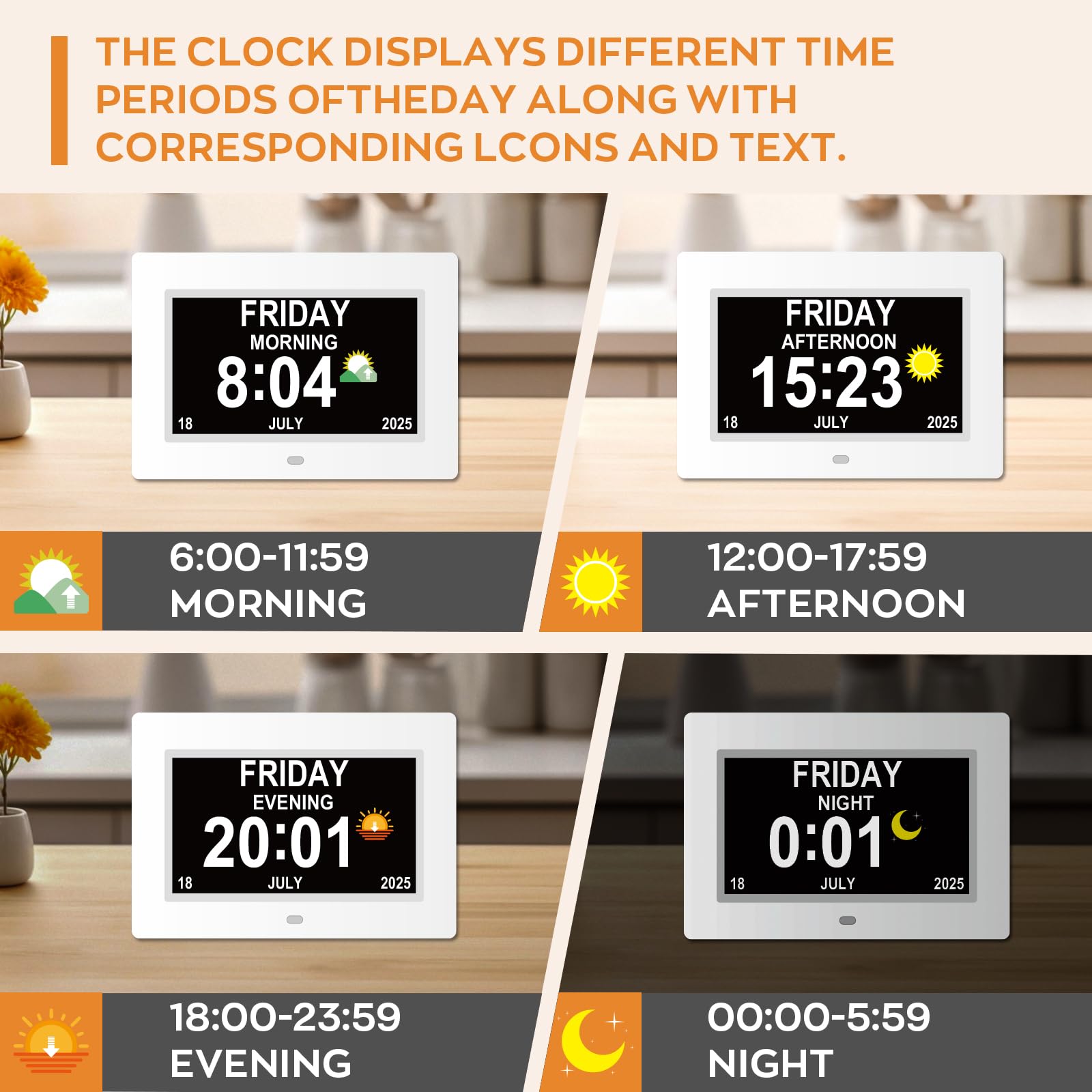 Digitaler Wecker mit großem Display, 17,8 cm, 8 personalisierte Alarme und Medikamentenerinnerungen, Computer-/Wand-Demenzuhr für ältere Menschen