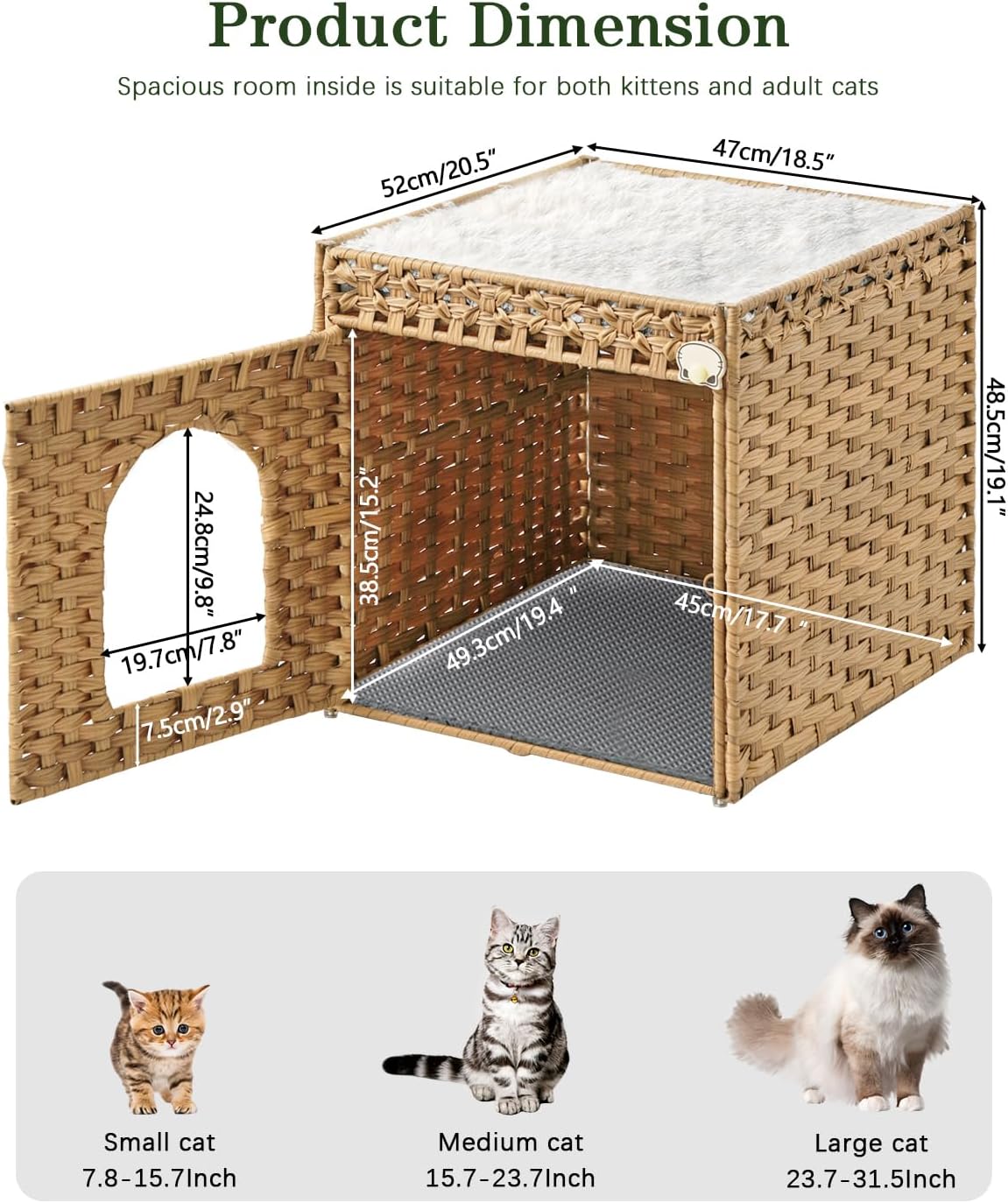 SETVSON Cat Litter Box Enclosure Furniture with One Cat Bed Pad, Hidden Litter Box Handwoven Rattan Cat House with Two S-Shaped Hooks for Living Room, Bedroom, 18.5 x 20.5 x 19.1 Inch,Natural