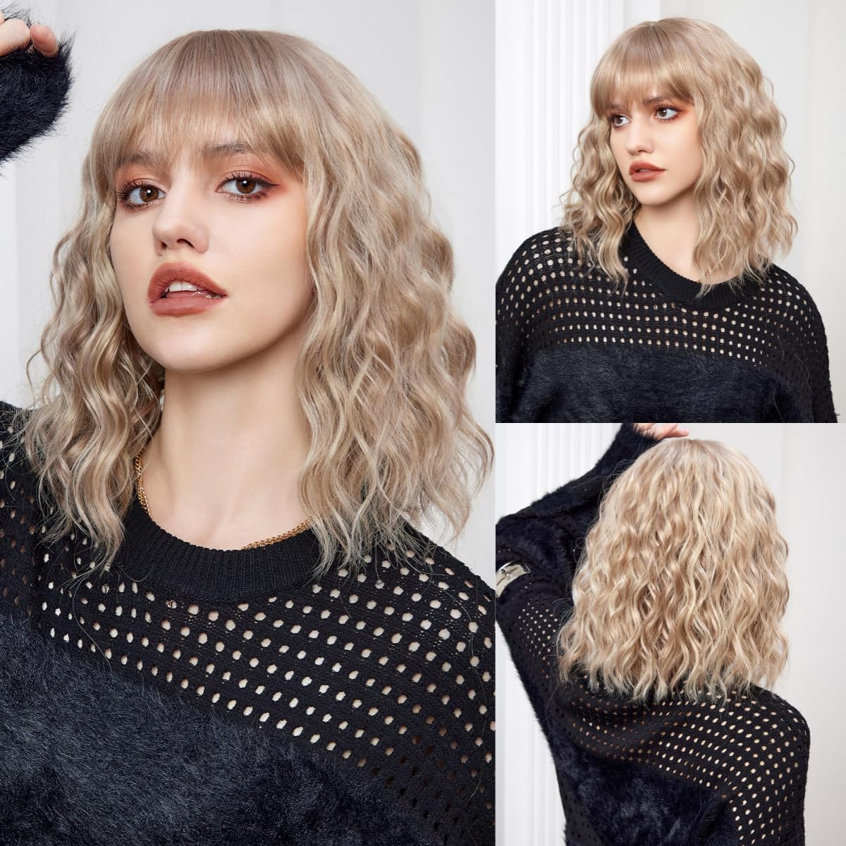 Short Blonde Bang Wig,Shoulder Length Bob Curly Wavy Wigs for Women, Charming Heat-resistant Synthetic Hair Wigs for Cosplay Party Daily Use 14 inch Blonde