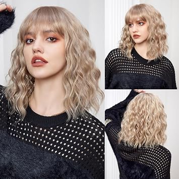 Short Blonde Bang Wig,Shoulder Length Bob Curly Wavy Wigs for Women, Charming Heat-resistant Synthetic Hair Wigs for Cosplay Party Daily Use