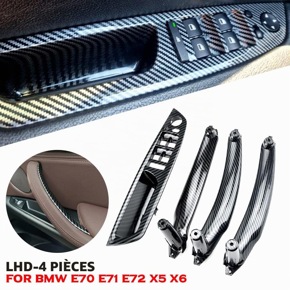 Lot de 4 poignées de porte intérieures en ABS pour voiture, panneau intérieur, housse de protection de tirage, accoudoirs compatible avec B-MW E70 E71 E72 X5 X6 2007-2014 - Fibre de carbone
