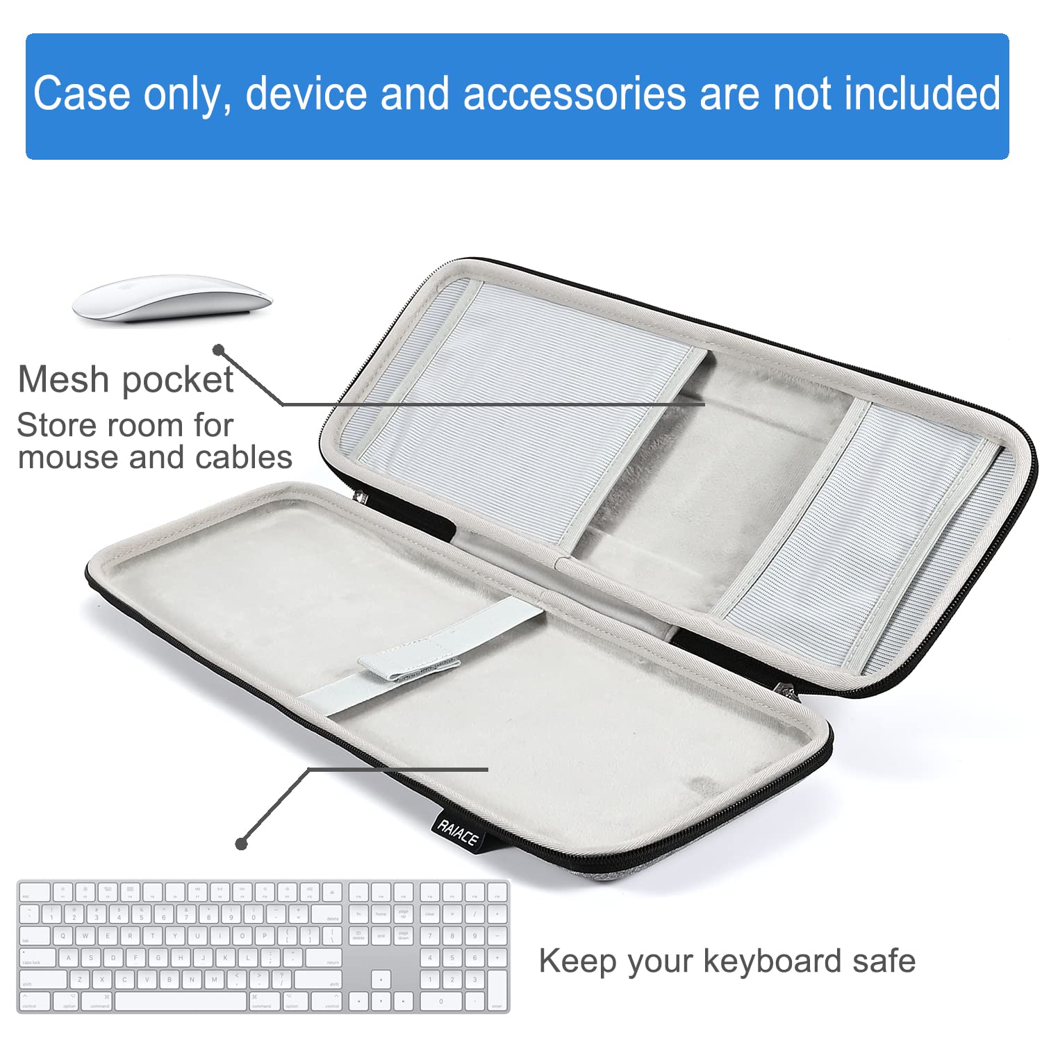 RAIACE Custodia rigida da viaggio per Apple Magic Keyboard + Magic Mouse. (la vendita è solo custodia). - Grigio (fodera grigia)