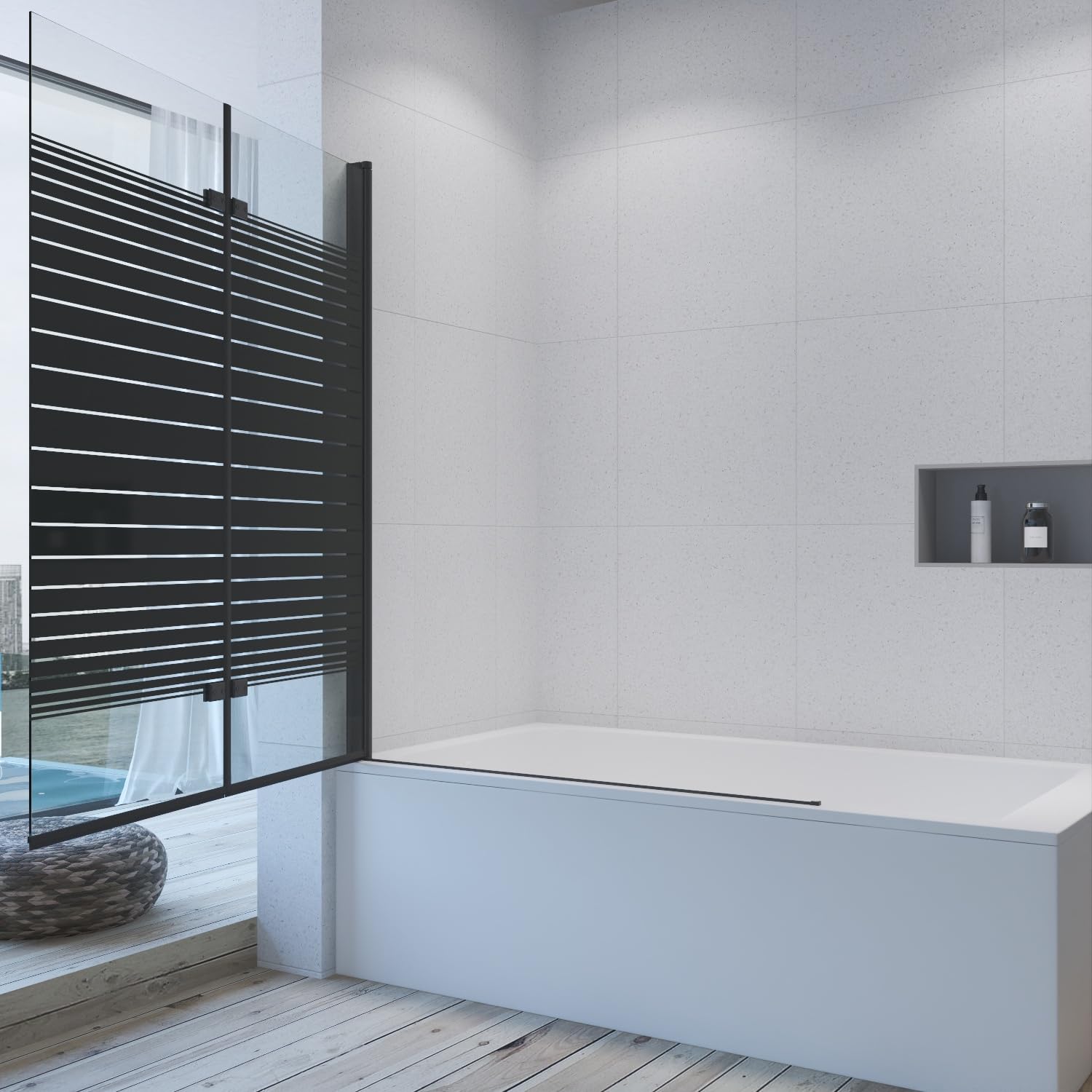 AQUABATOS paravento per vasca da bagno senza foratura nero opaco 120 x 140 cm parete doccia in vetro di sicurezza 5 mm, fissaggio per vasca pieghevole con rivestimento NANO