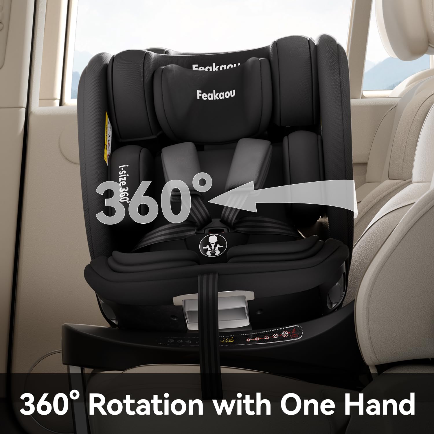 Feakaou 360 Car Seat with ISOFIX - for Newborn to 12 Years Children, i-Size (ECE R129/E4) Rotating Swivel Baby Car Seat,Group 0+1/2/3 (40-150cm),Rear Facing for Longer from Birth to 4 Years.Black. — view 4