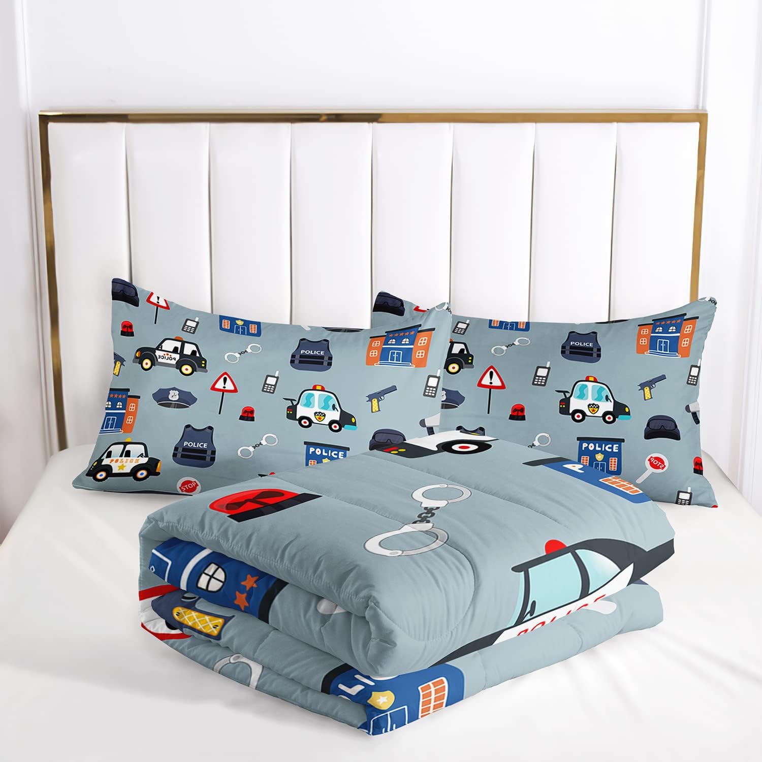 DYcolor 3D Cartoon Police car Printed Quilt, 3-Piece Policeman Vehicle City Building Automobile Comforter Set with 1 Comforter & 2 Pillow Cases for Kids, Boys, Teens (Grey (3pcs), Twin)