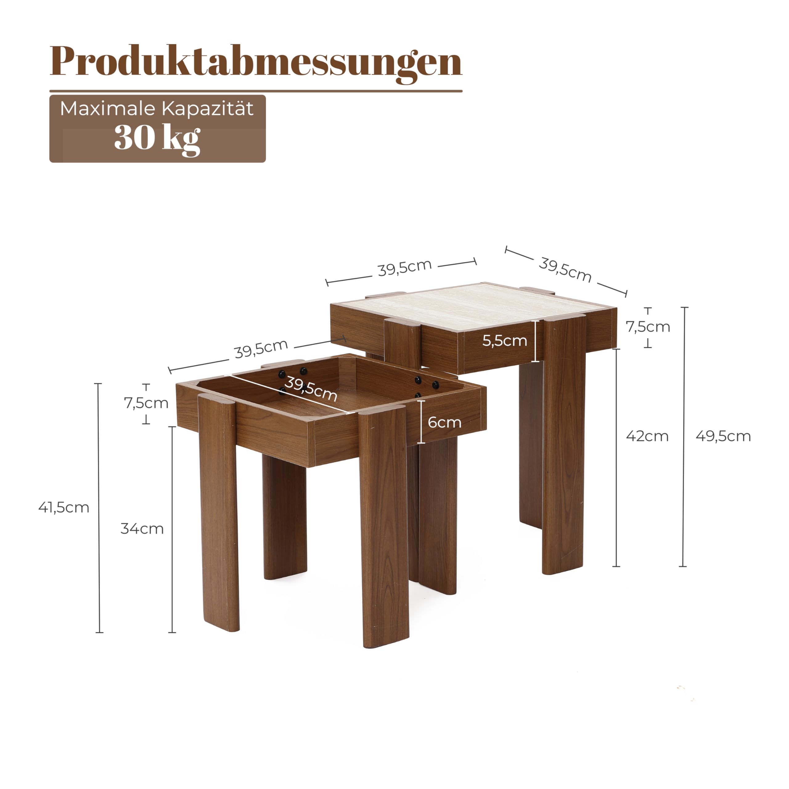 Hometopia 2er Set Beistelltische Quadratisch - Moderner Satztisch in Walnuss-Optik mit Stein-Dekor - Platzsparender Couchtisch & Nachttisch für Wohnzimmer & Schlafzimmer - Nesting Design