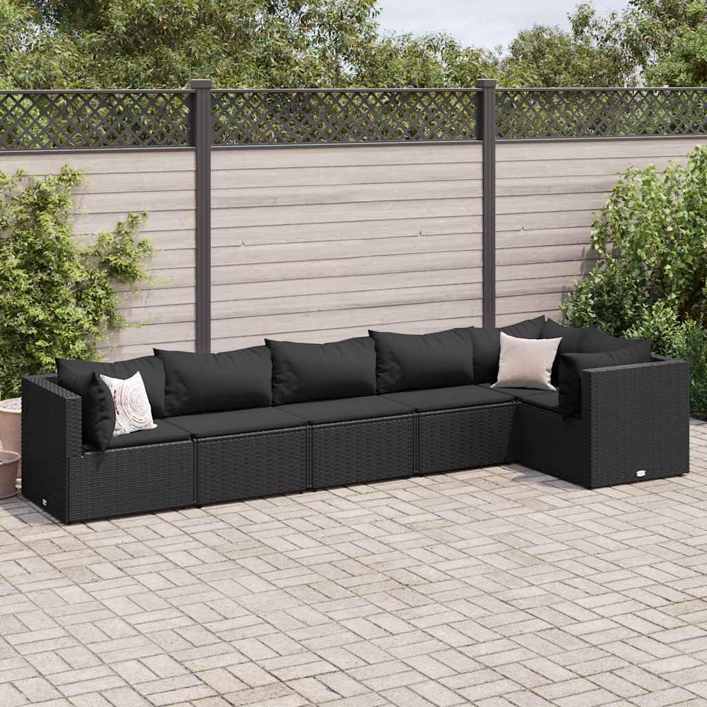 6 Piece Black Poly Rattan Patio Lounge Set with Cushions, Durable PE Wicker Outdoor Furniture for Backyard Terrace Garden, Modular Design Steel Frame Weather Resistant Seating