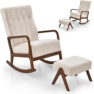 Mid Century Rocking Chair and Ottoman Set Upholstered High Back Glider Chair with Footstool for Living Room Bedroom Nursery Leisure Lounge Armchair (Beige)