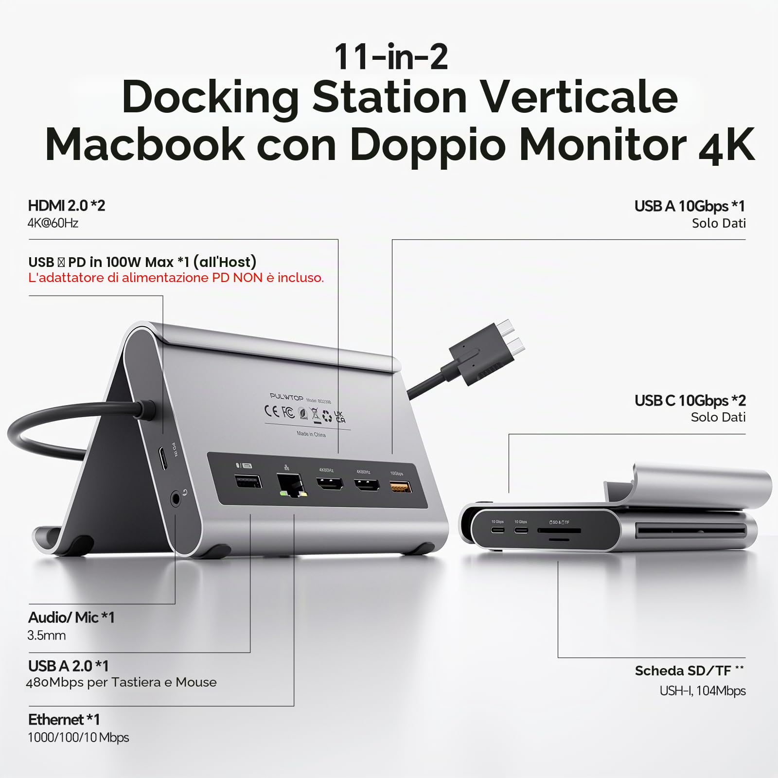 MacBook Docking Station Dual Monitor 4K@60 Hz per MacBook Pro/Air M3 Pro/M4/M5 Pro/Max, Docking Station USB C per laptop con 2 HDMI, PD, Ethernet, USB A/C 10 Gbps, audio, SD/TF, USB 2.0