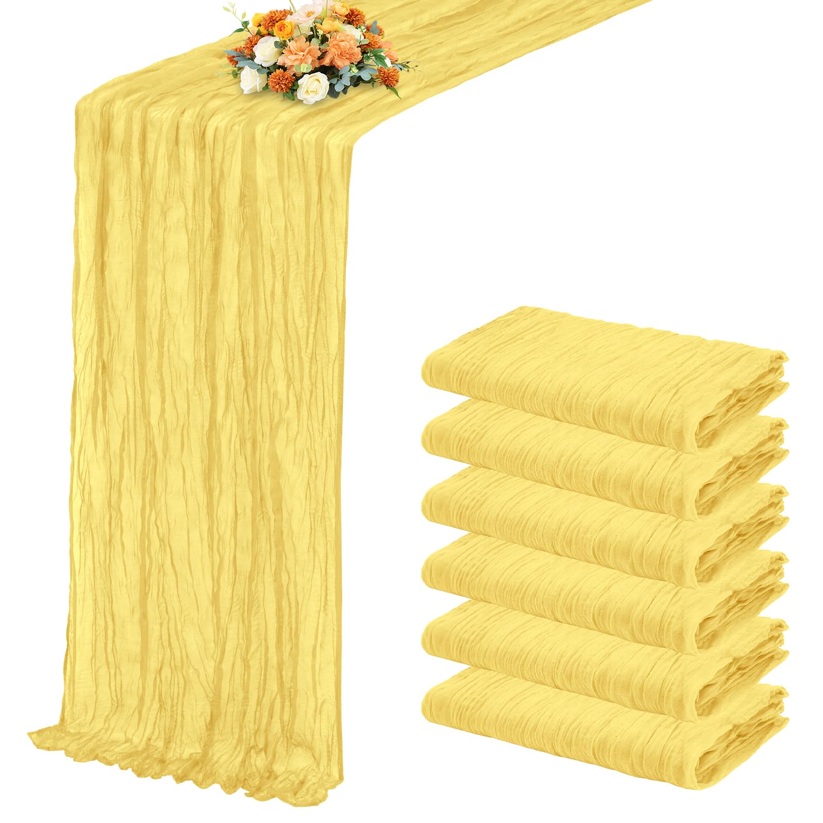 View 1 of 6 Pack Light Yellow Table Runner 17x108 Inch Cheesecloth Table Runner Boho Gauze Table Runners Romantic Rustic Fabric Cheese Cloth Table Runners for Wedding Party Baby Shower Birthday Home Decor