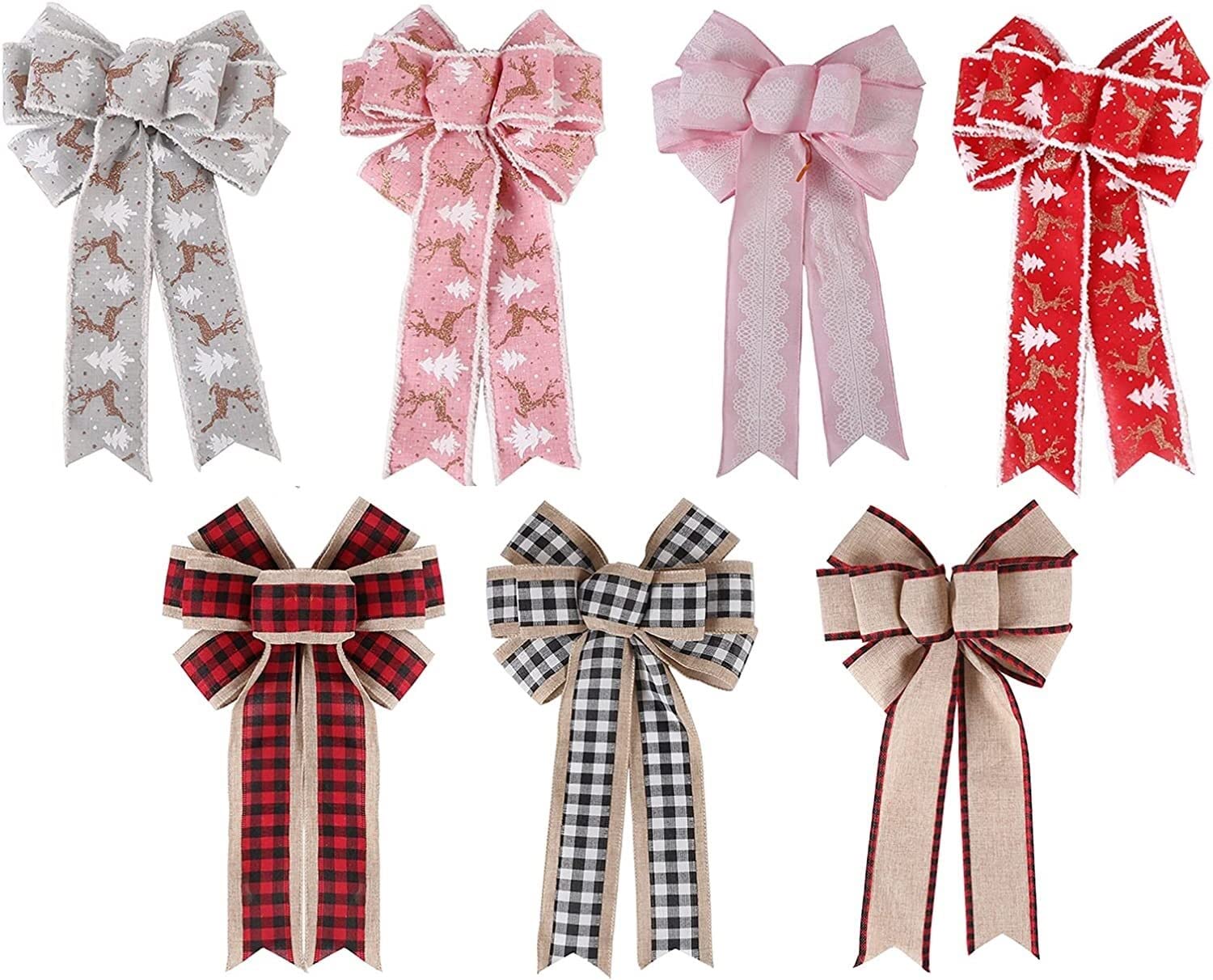 Weihnachtsbogen, kleine Weihnachtsbaum Dekoration, Weihnachtsschleifen, Schleifenband, dekorativ, 7 Stück, Büffelkaro-Schleife, Weihnachtsschleife for Weihnachtsbaumparty, Sortiert
