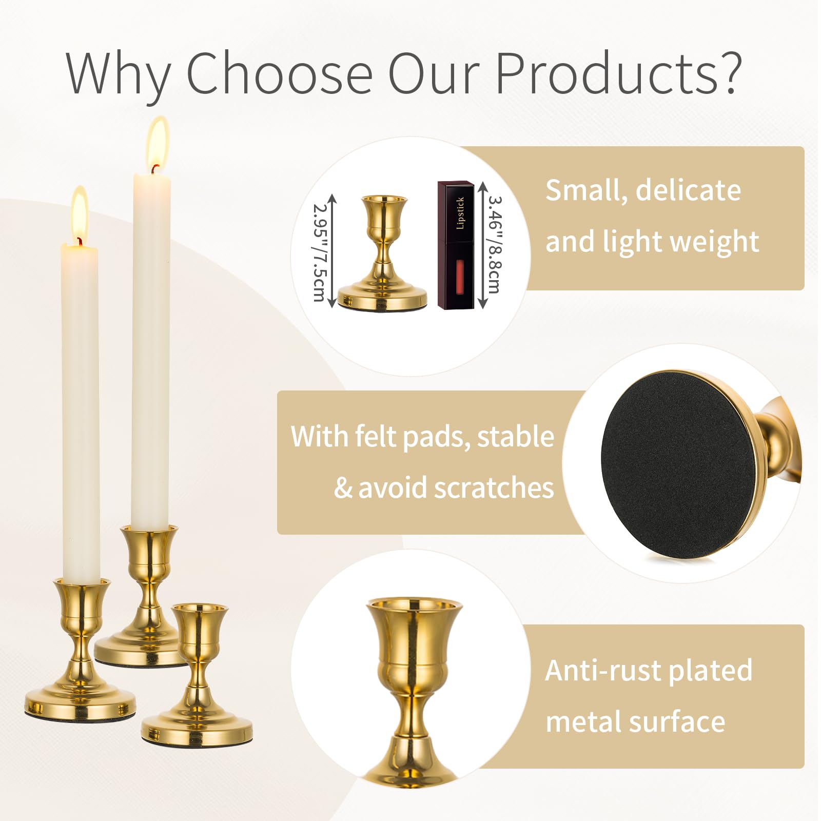 Inweder Candlestick Holders for Table Centerpieces: Set of 6 Brass Gold Candle Holders for Taper Candles Small Metal Candle Sticks for Wedding Christmas Fireplace Windowsill Living Room Decor - Image 2