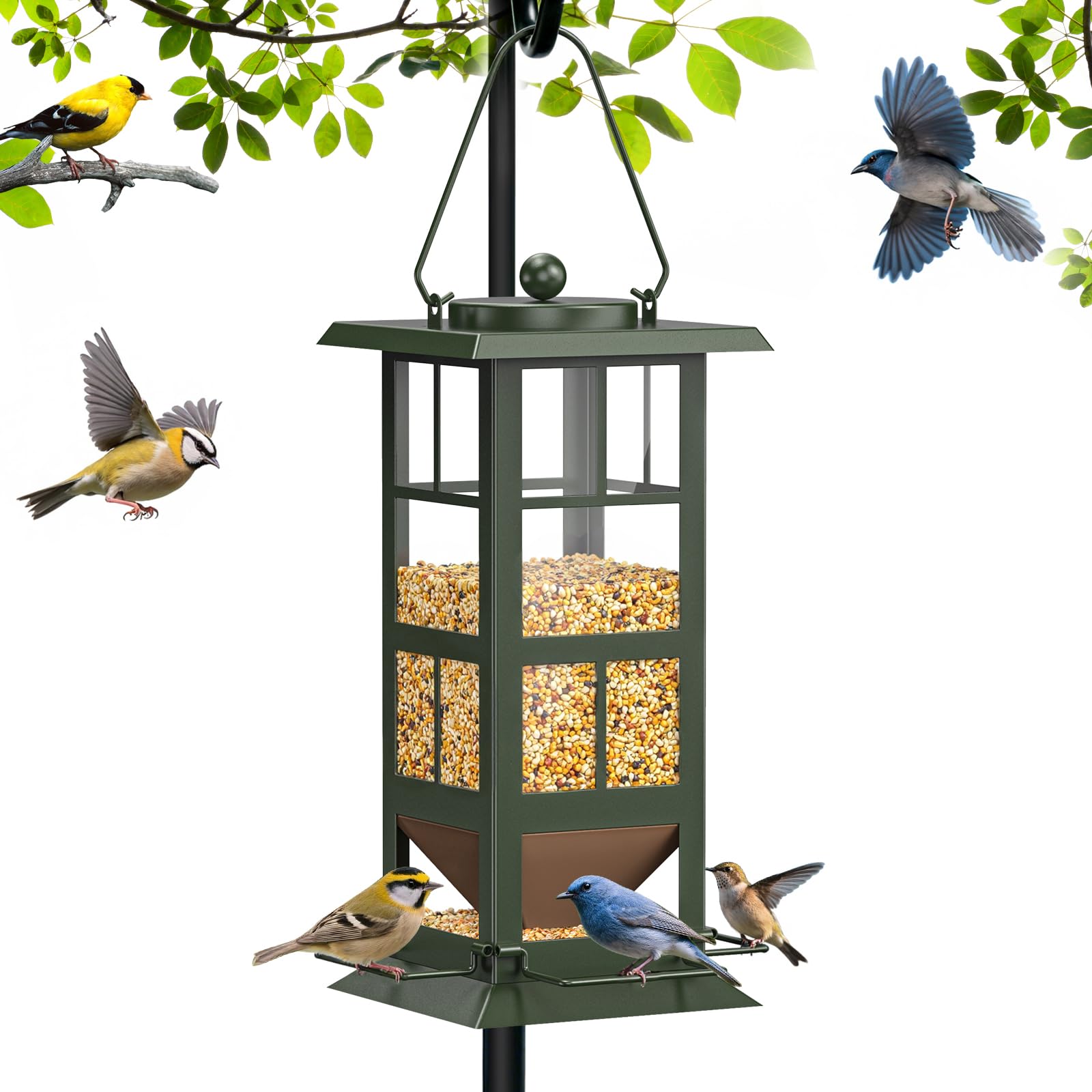 Wildpark Comedero colgante de metal para pájaros con 4 agujeros de drenaje, fácil de llenar, diseño resistente a la intemperie, atrae cardenales, Blue Jays y más