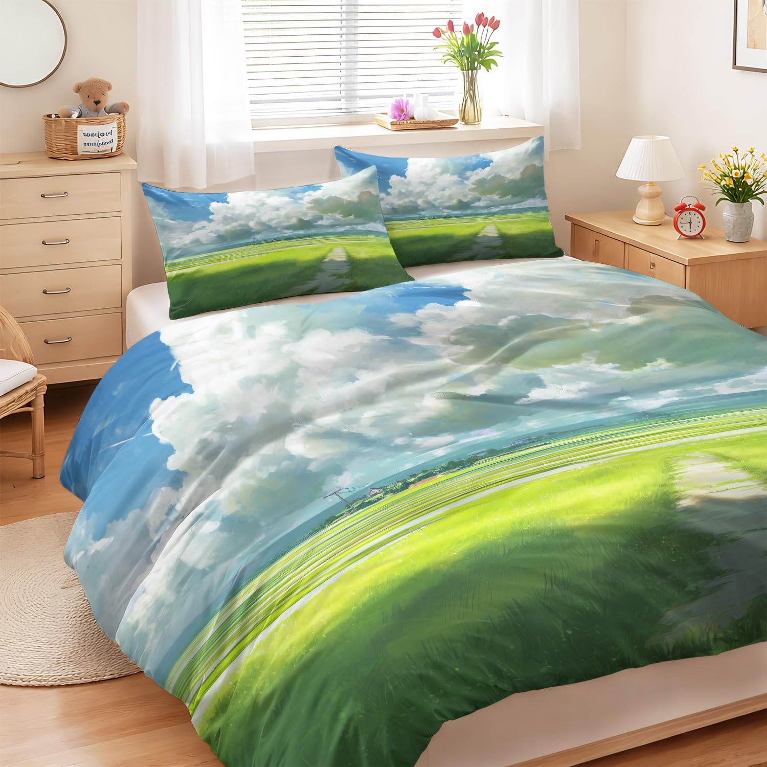 Bettwäsche 220 x 240 cm Mehrfarbig, Bettbezug Anime Cartoon Ruhig Natürlich Heilend Landschaft Felder Reversibel Atmungsaktiv Microfaser Bettwaren-Set für Kinderzimmer mit Reißverschluss