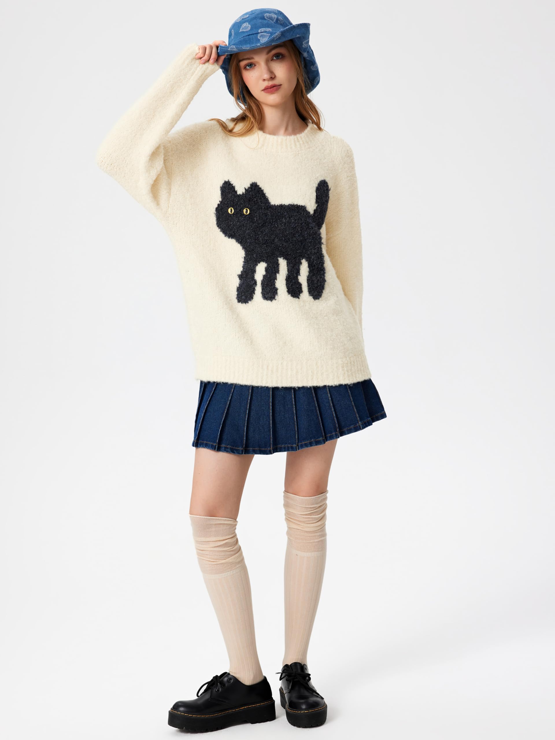 CIDER Damen-Katzen-Pullover, langärmelig, Rundhalsausschnitt, lustig, grafisch, niedlich, gemustert, grober Pullover | Oversized, Long Sleeve, Crewneck Sweater, Fall Winter Outfits