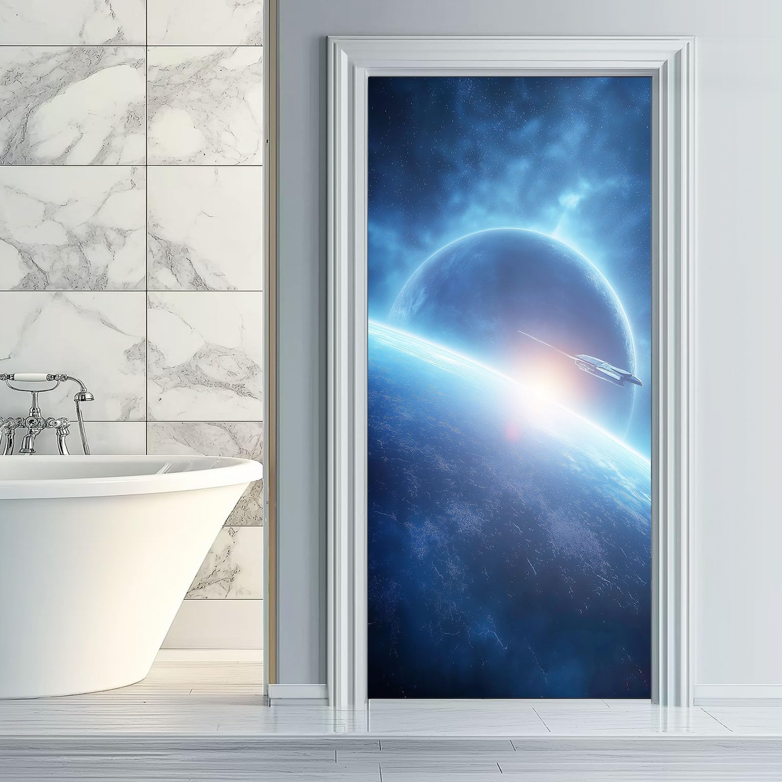 Galaxie Space samoprzylepna naklejka na drzwi, 88 x 200 cm, wszechświat, planety, gwiaździste niebo, plakat na drzwi, niebieska, wodoszczelna, zdejmowana folia 3D, fototapeta do sypialni, łazienki