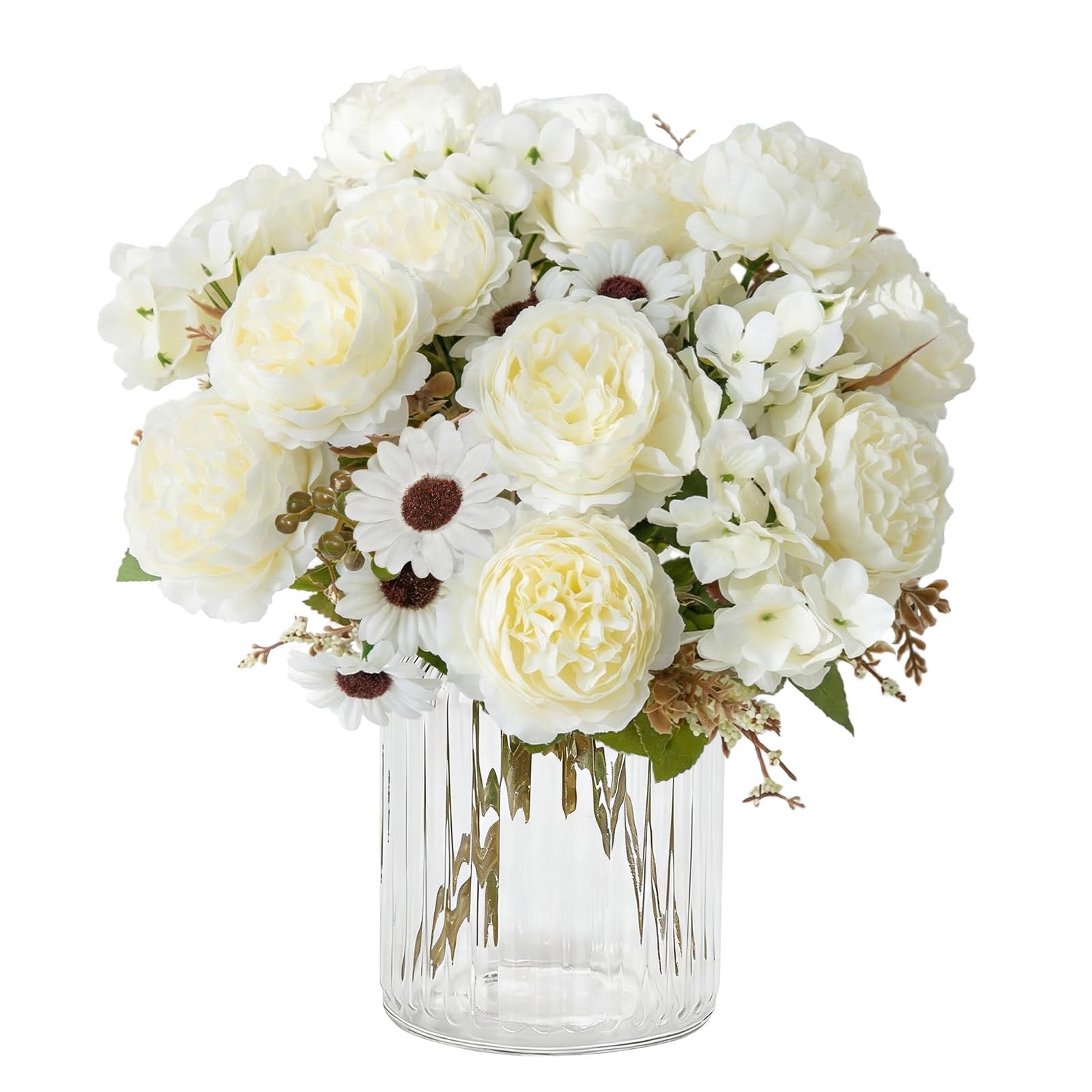 KUANINUNAR 4 Bunches Peony Artificial Flowers Fake Peony Bouquet Pink Daisy Flowers Fake Peonies Faux Hydrangea Silk Flower Bouquet for Home Wedding Party Decoration Arrangement (2, White)