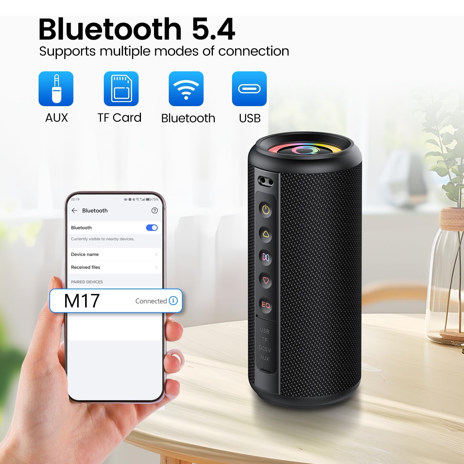Cassa Bluetooth Portatile Potente 15W Impermeabile Altoparlante Abbinamento TWS Speaker Bluetooth 5.3 15 Ore Distanza di Connessione di 30m Luce LED AUX e TF per Viaggi, All'aperto e Feste