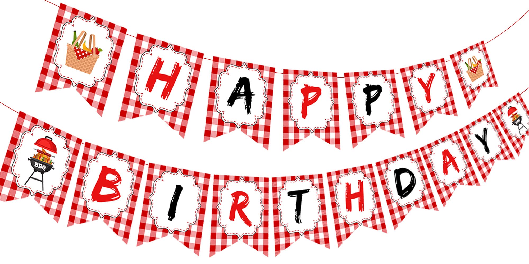 BBQ Themed Happy Birthday Banner - Red Checkered Swallowtail Bunting Flag Garland