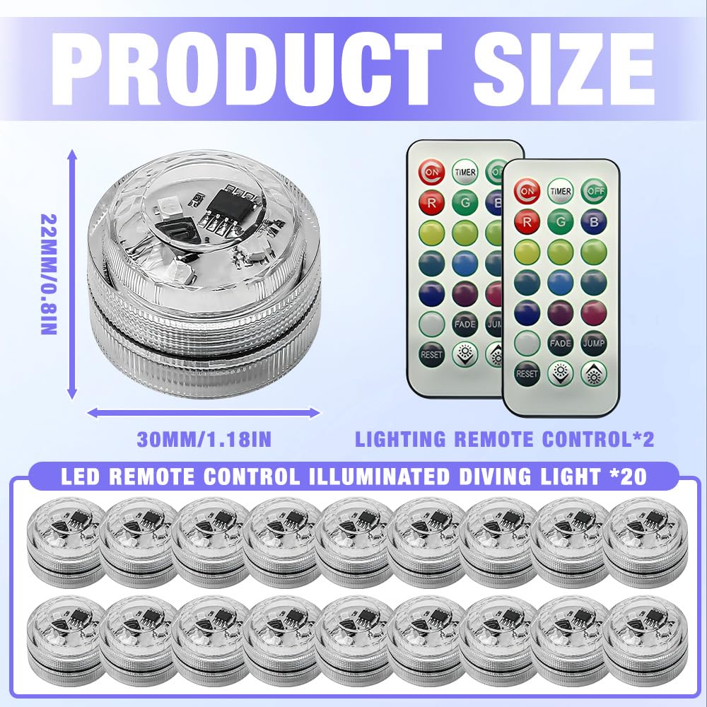 Mini Unterwasser Licht, 20 Stück LED Teelichter Bunt mit 2 Fernbedienung, Mehrfarbige Teichbeleuchtung, Mini Unterwasser Led Licht, Pool Beleuchtung für Aquarium Badewanne Pool Garten Party