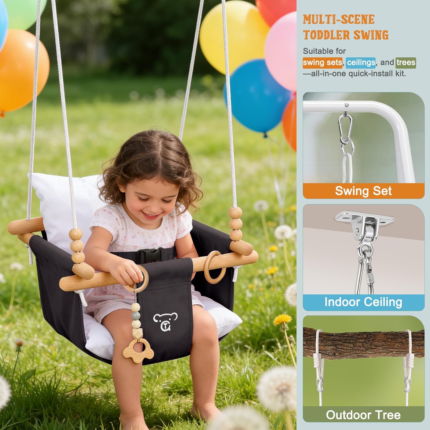 Talecogear Baby Swing – Outdoor & Indoor, Cozy Toddler Swing for Backyard, Hanging Swing Seat Chair, Cotton Canvas & Beech Wood Frame, Safety Harness, Mounting Hardware Included (Gray)