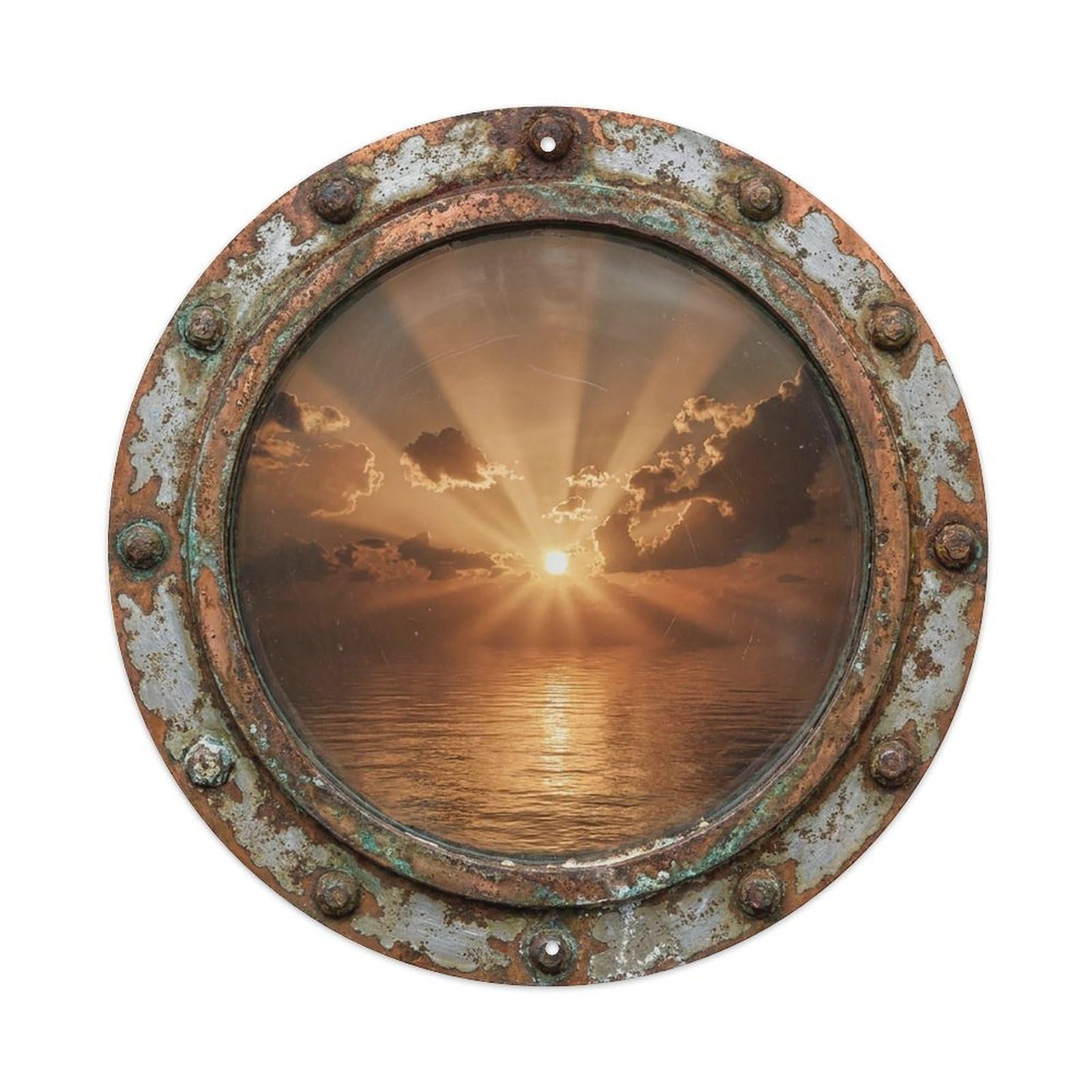 Vintage Porthole Bronze Sunset Nautical Window View Vintage Metal Tin Sign Plaque Wall Decor for Cafe, Club Bar, Office, Garden Metal Poster 8x8Inch