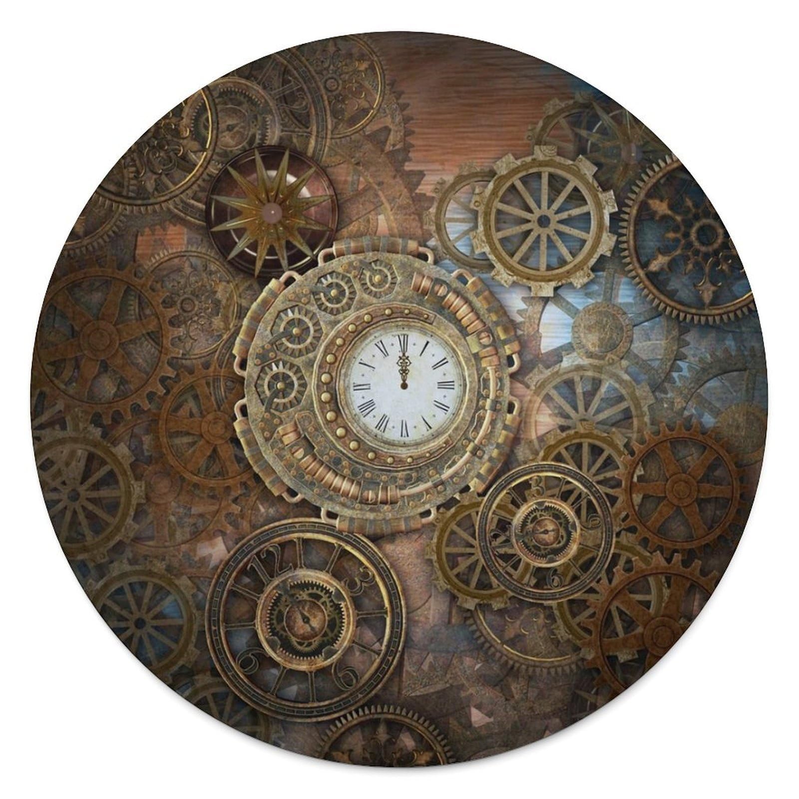 FekiLoot Rusty Steampunk Clock Round Flannel Throw Blanket, 59.1 Inch Diameter Single Sided Printed Fleece Blanket, Multipurpose Foldable Decor Cover for Couch Office Camping Home Furnishing